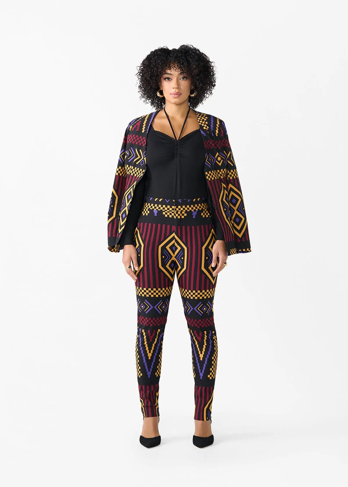 Talia Women's African Print Stretch Pants (Black Burgundy Tribal) sold by D'iyanu product image thumbnail 2