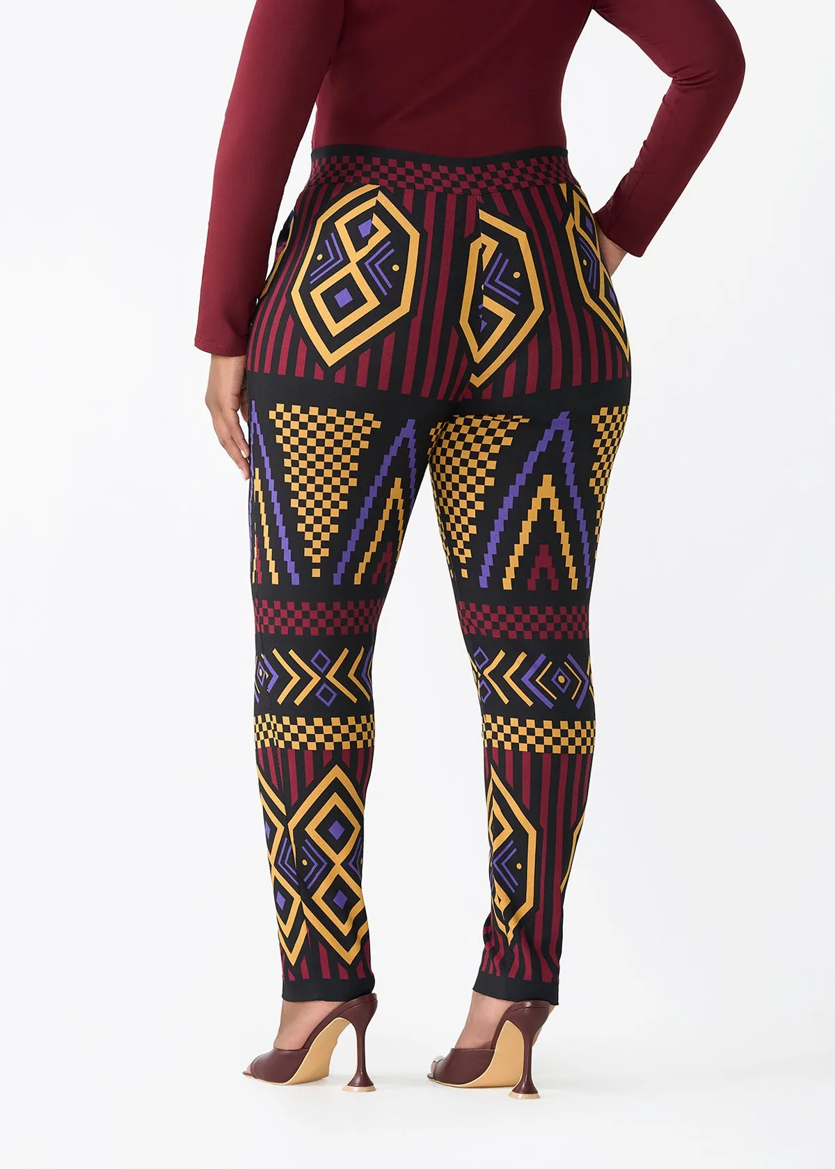 Talia Women's African Print Stretch Pants (Black Burgundy Tribal) sold by D'iyanu product image thumbnail 5