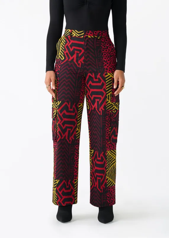 Yunma Women's African Print Twill Cargo Pants (Black Cherry Multipattern) made by D'iyanu