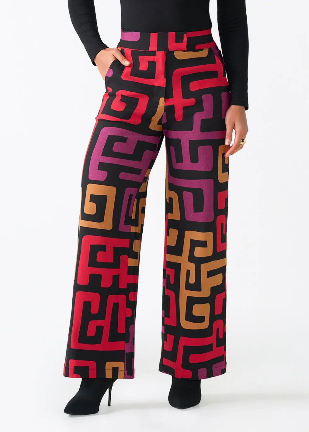Thema Women's African Print Stretch Wide Leg Pants (Black Berry Kuba) sold by D'iyanu