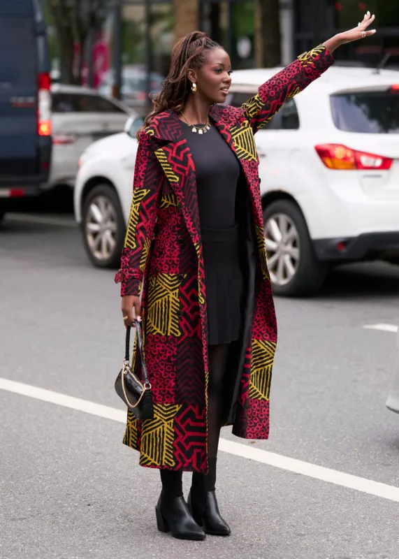 Ebony Women's African Print Utility Trench Coat (Black Cherry Multipattern) made by D'iyanu