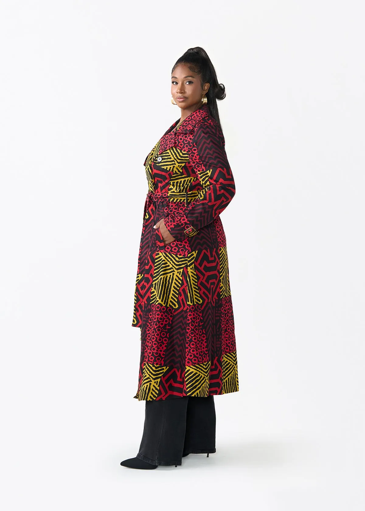 Ebony Women's African Print Utility Trench Coat (Black Cherry Multipattern) sold by D'iyanu product image thumbnail 5