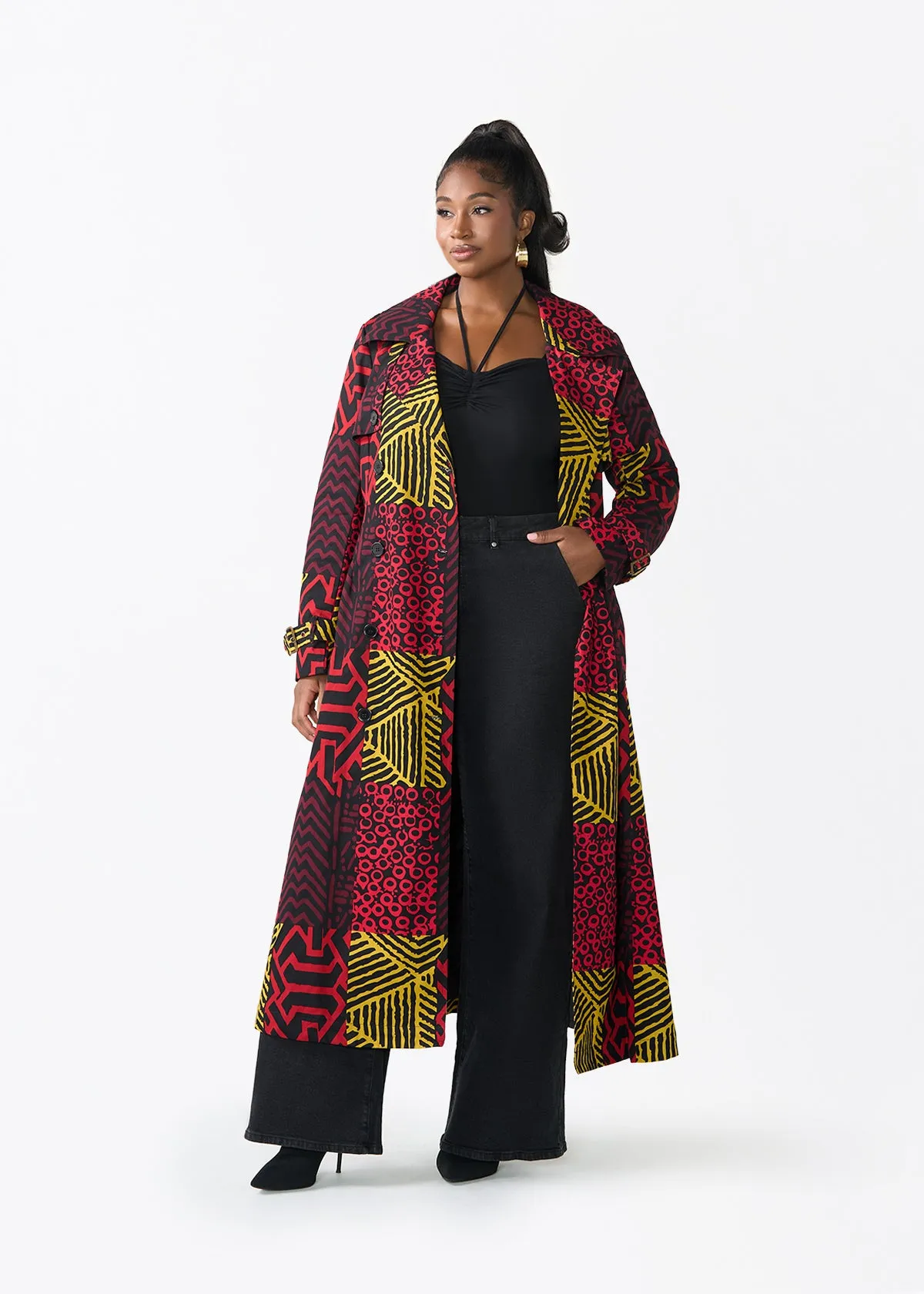 Ebony Women's African Print Utility Trench Coat (Black Cherry Multipattern) sold by D'iyanu product image thumbnail 2
