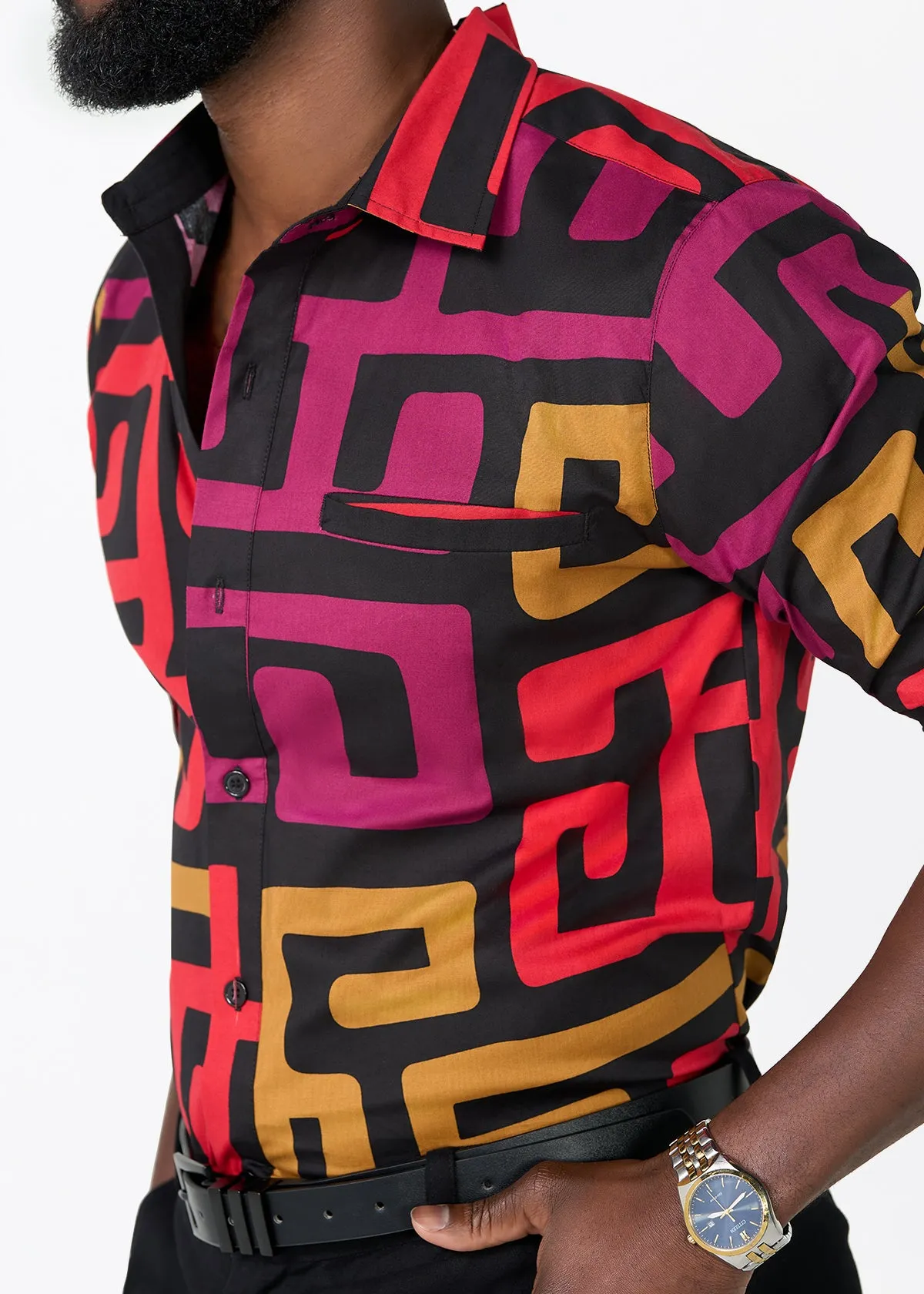Mazi Men's African Print Button-up Shirt (Black Berry Kuba) sold by D'iyanu