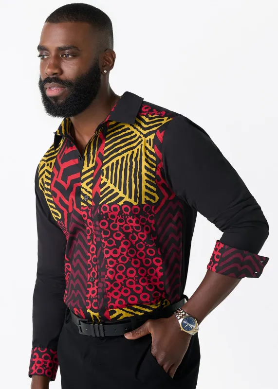 Sipho Men's African Print Button-up Shirt (Black Cherry Multipattern) made by D'iyanu