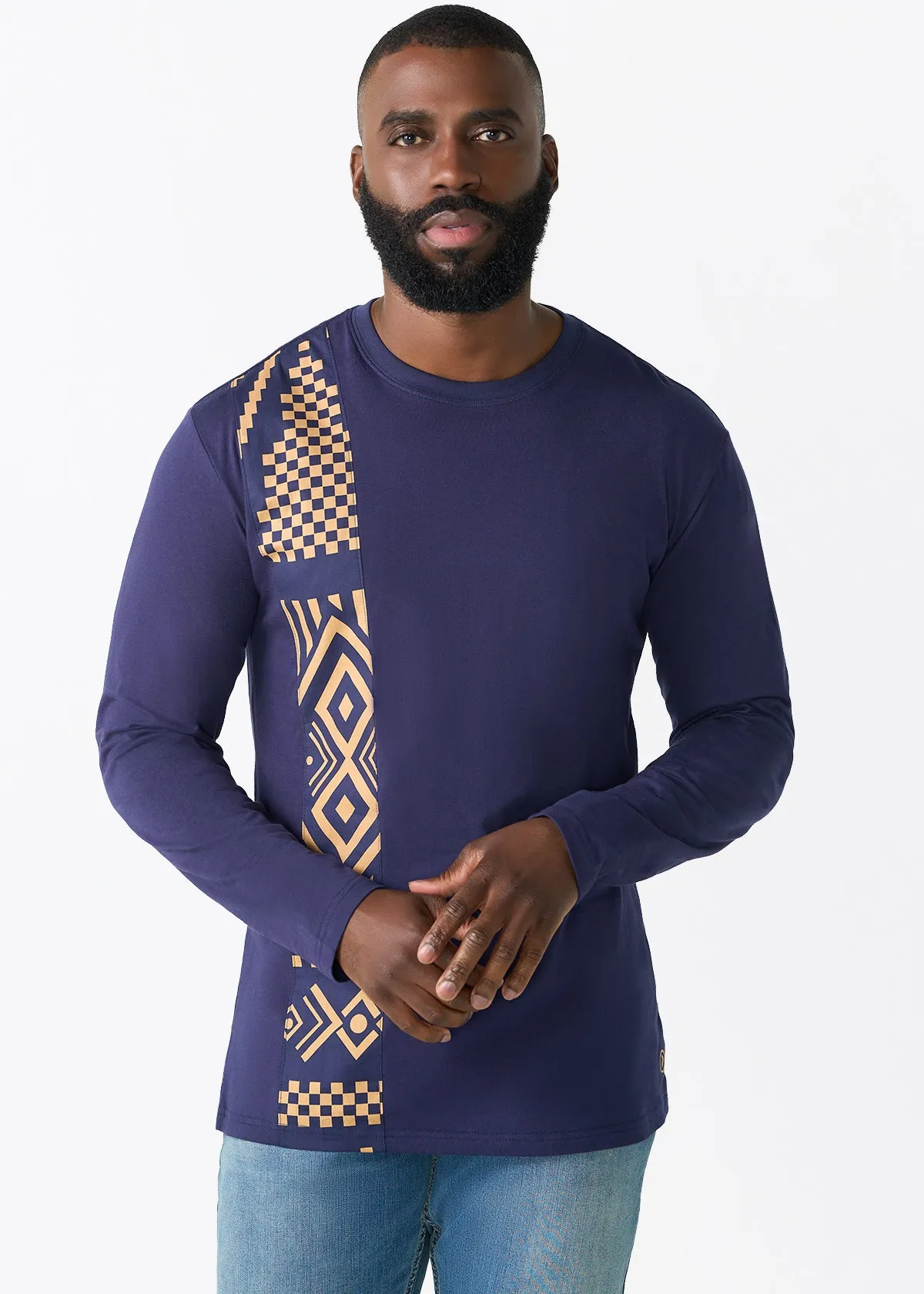 Addo Men's African Print Applique T-Shirt (Navy Tan Tribal) sold by D'iyanu