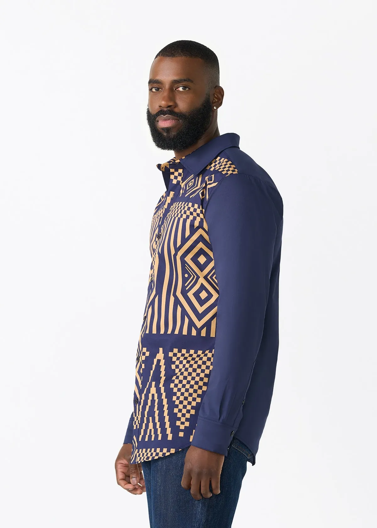 Sipho Men's African Print Button-up Shirt (Navy Tan Tribal) sold by D'iyanu product image thumbnail 3