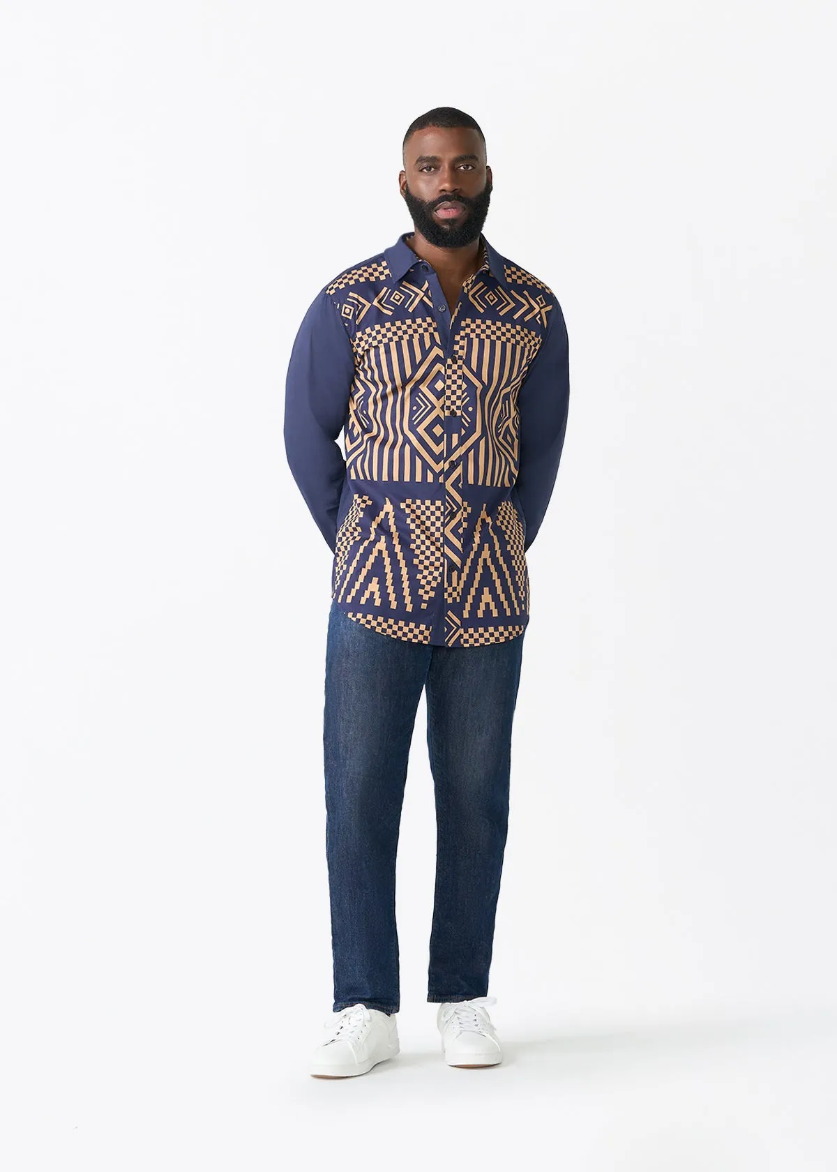 Sipho Men's African Print Button-up Shirt (Navy Tan Tribal) sold by D'iyanu product image thumbnail 5