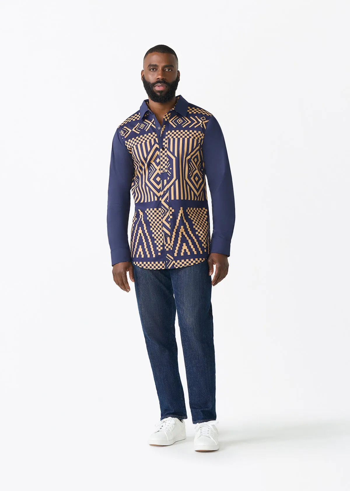 Sipho Men's African Print Button-up Shirt (Navy Tan Tribal) sold by D'iyanu product image thumbnail 2