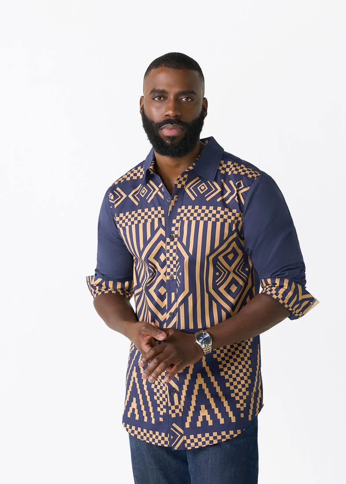 Sipho Men's African Print Button-up Shirt (Navy Tan Tribal) sold by D'iyanu