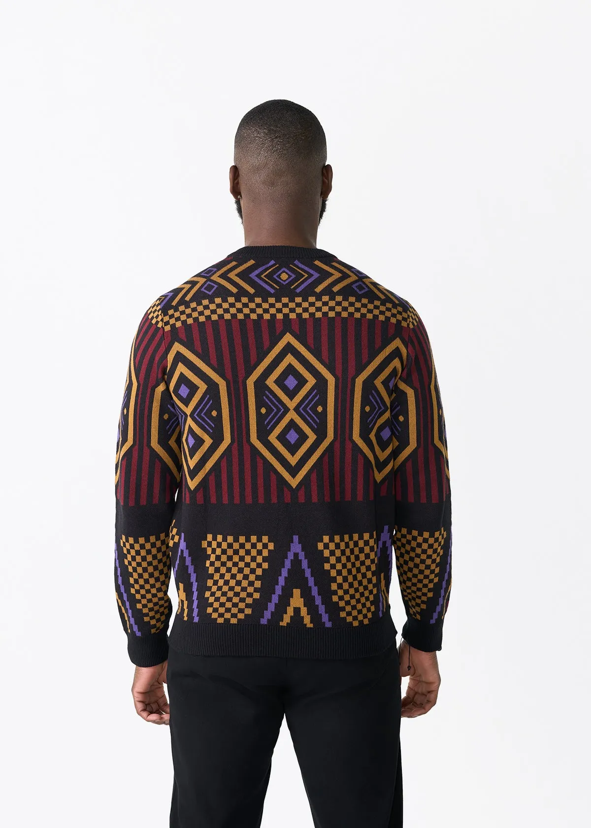 Asaye Men's African Print Crew Neck Sweater (Black Burgundy Tribal) sold by D'iyanu product image thumbnail 5