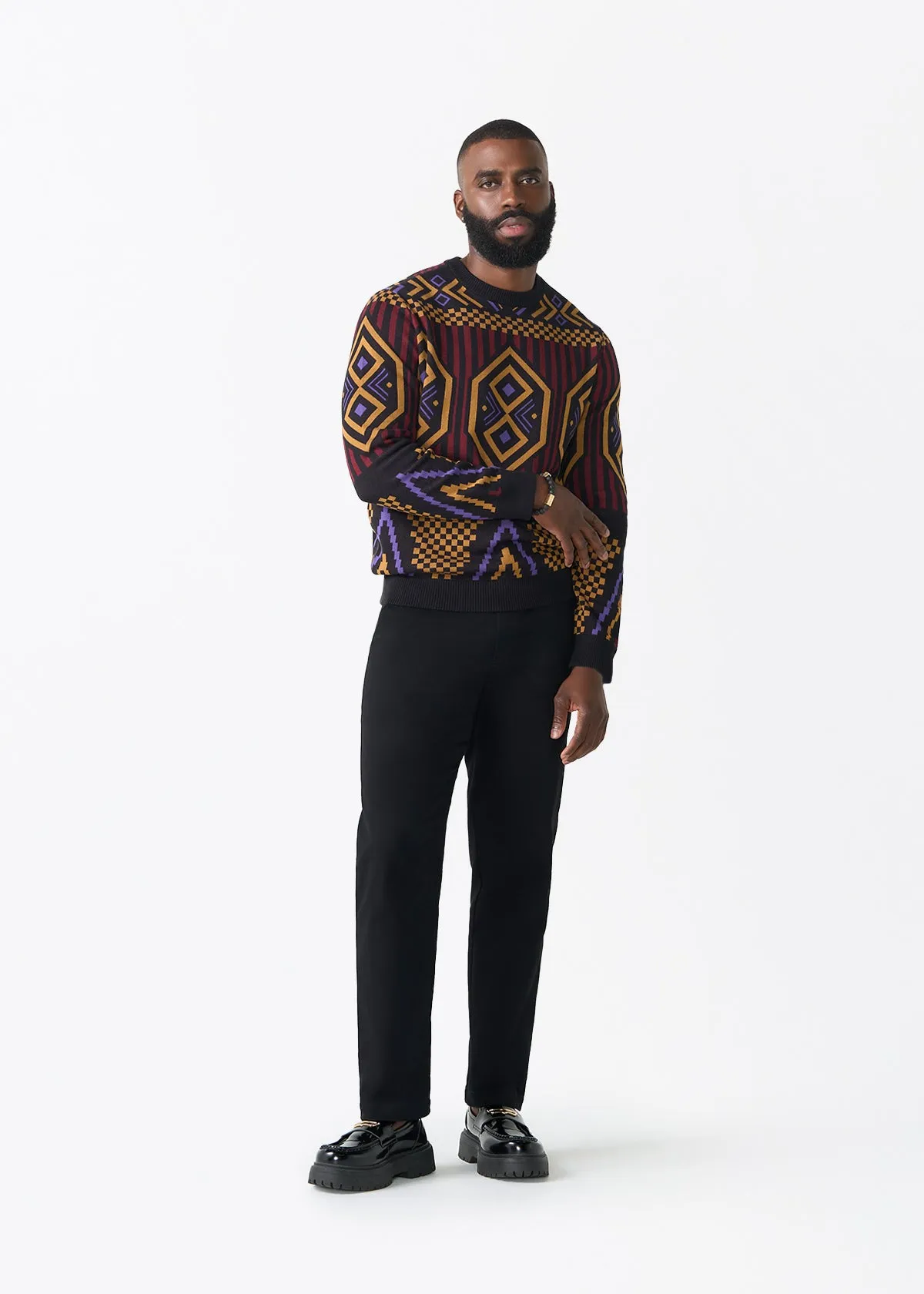 Asaye Men's African Print Crew Neck Sweater (Black Burgundy Tribal) sold by D'iyanu product image thumbnail 4