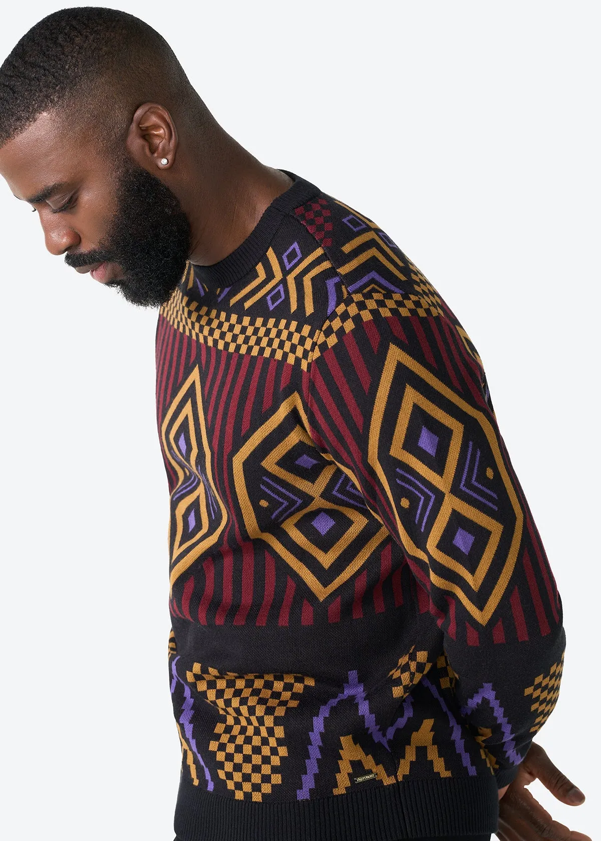 Asaye Men's African Print Crew Neck Sweater (Black Burgundy Tribal) sold by D'iyanu product image thumbnail 3
