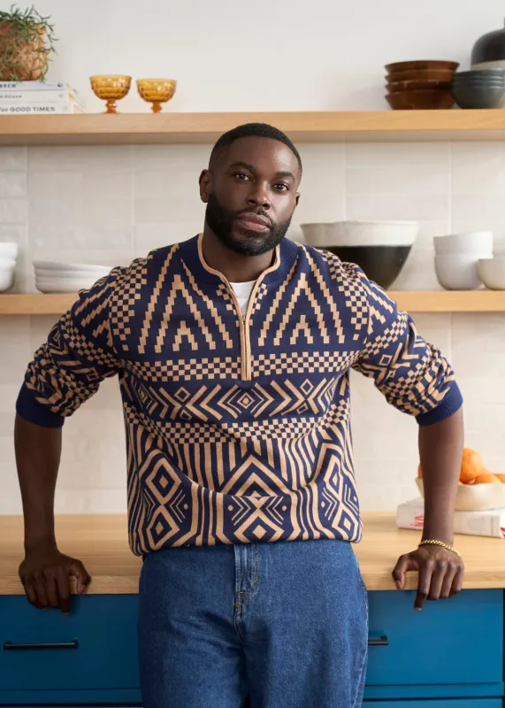 Kibo Men's African Print Quarter-Zip Sweater (Navy Tan Tribal) sold by D'iyanu