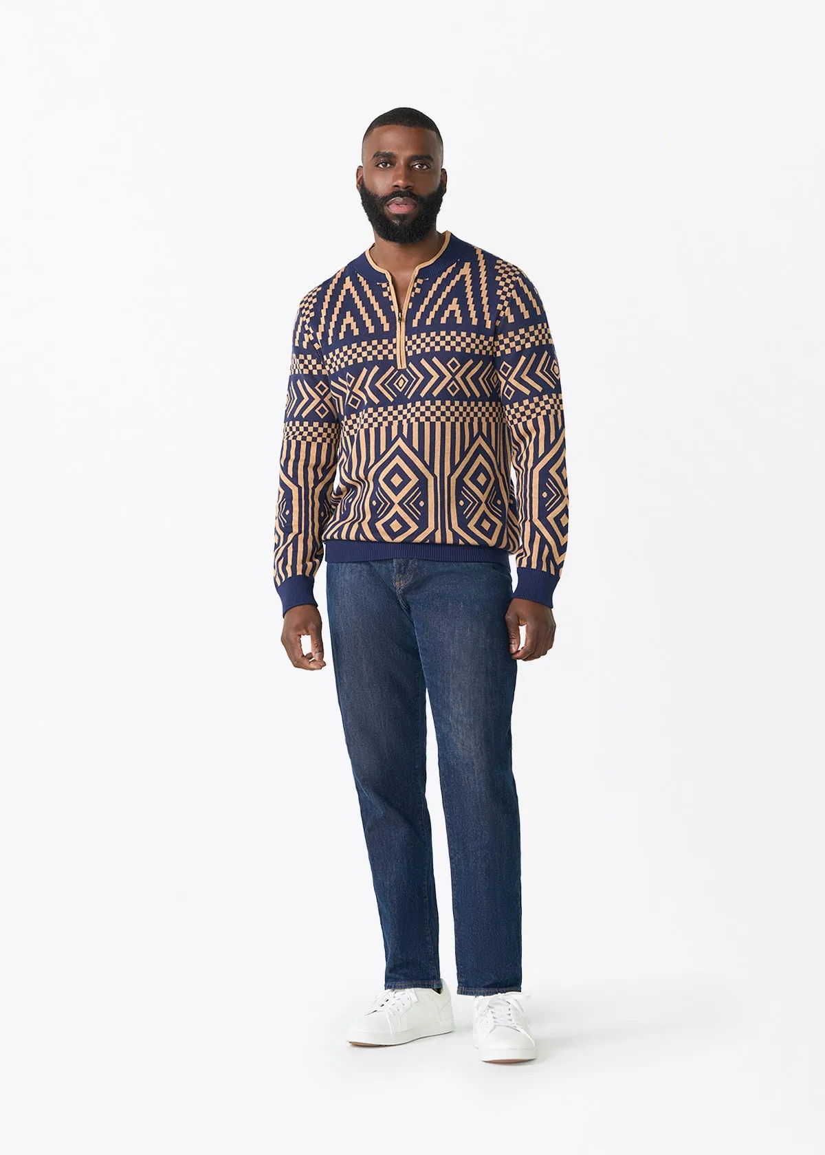 Kibo Men's African Print Quarter-Zip Sweater (Navy Tan Tribal) sold by D'iyanu product image thumbnail 2
