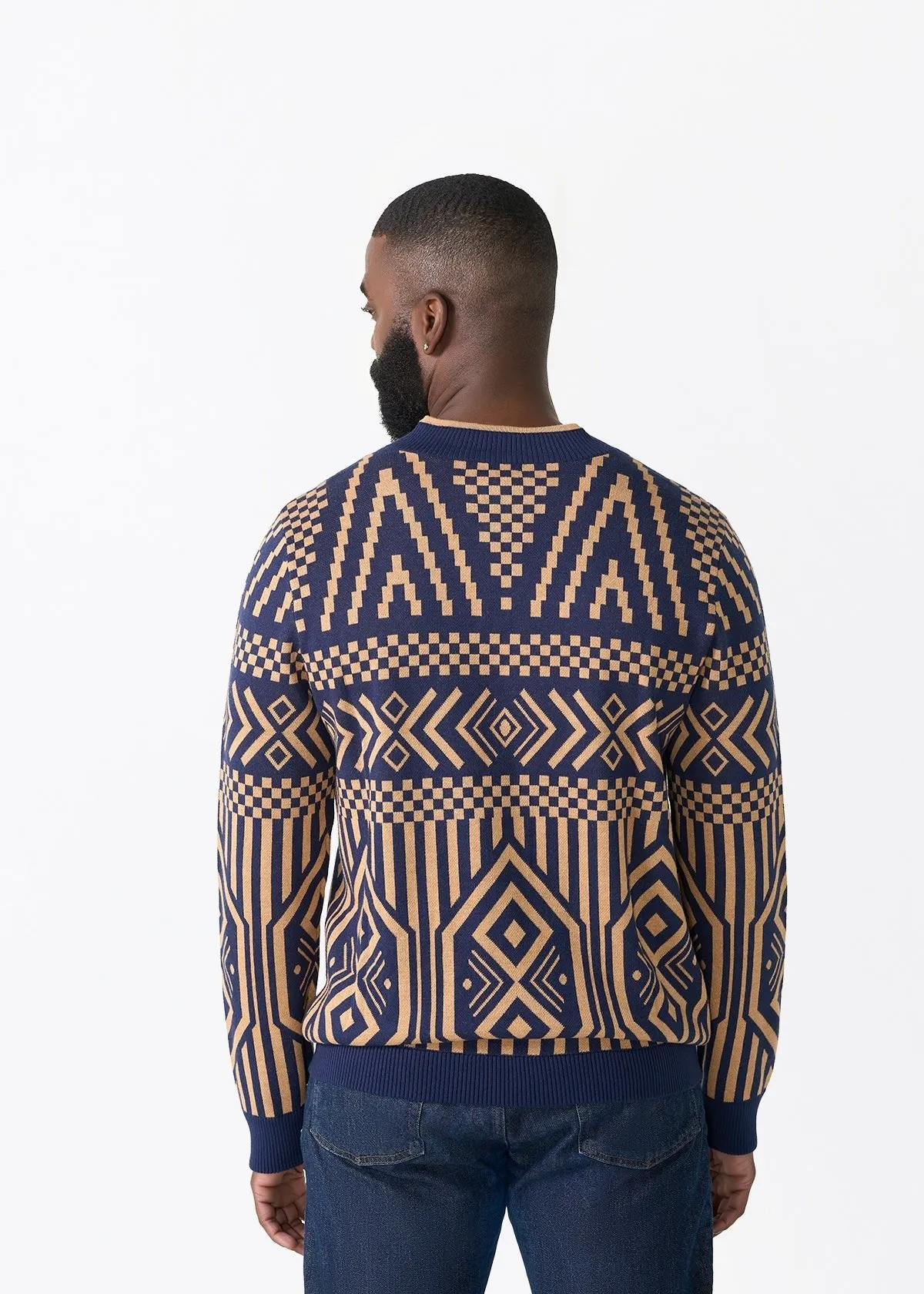 Kibo Men's African Print Quarter-Zip Sweater (Navy Tan Tribal) sold by D'iyanu product image thumbnail 3