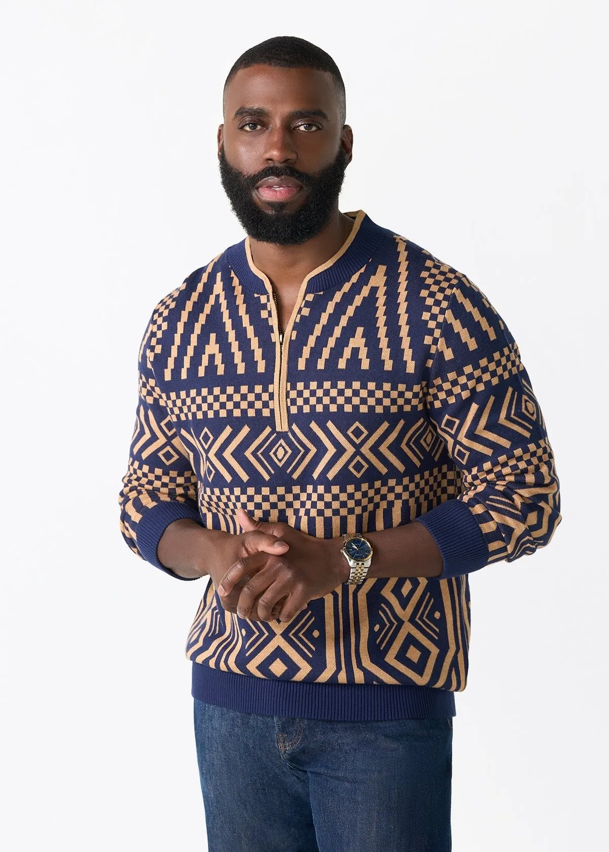 Kibo Men's African Print Quarter-Zip Sweater (Navy Tan Tribal) sold by D'iyanu product image thumbnail 4