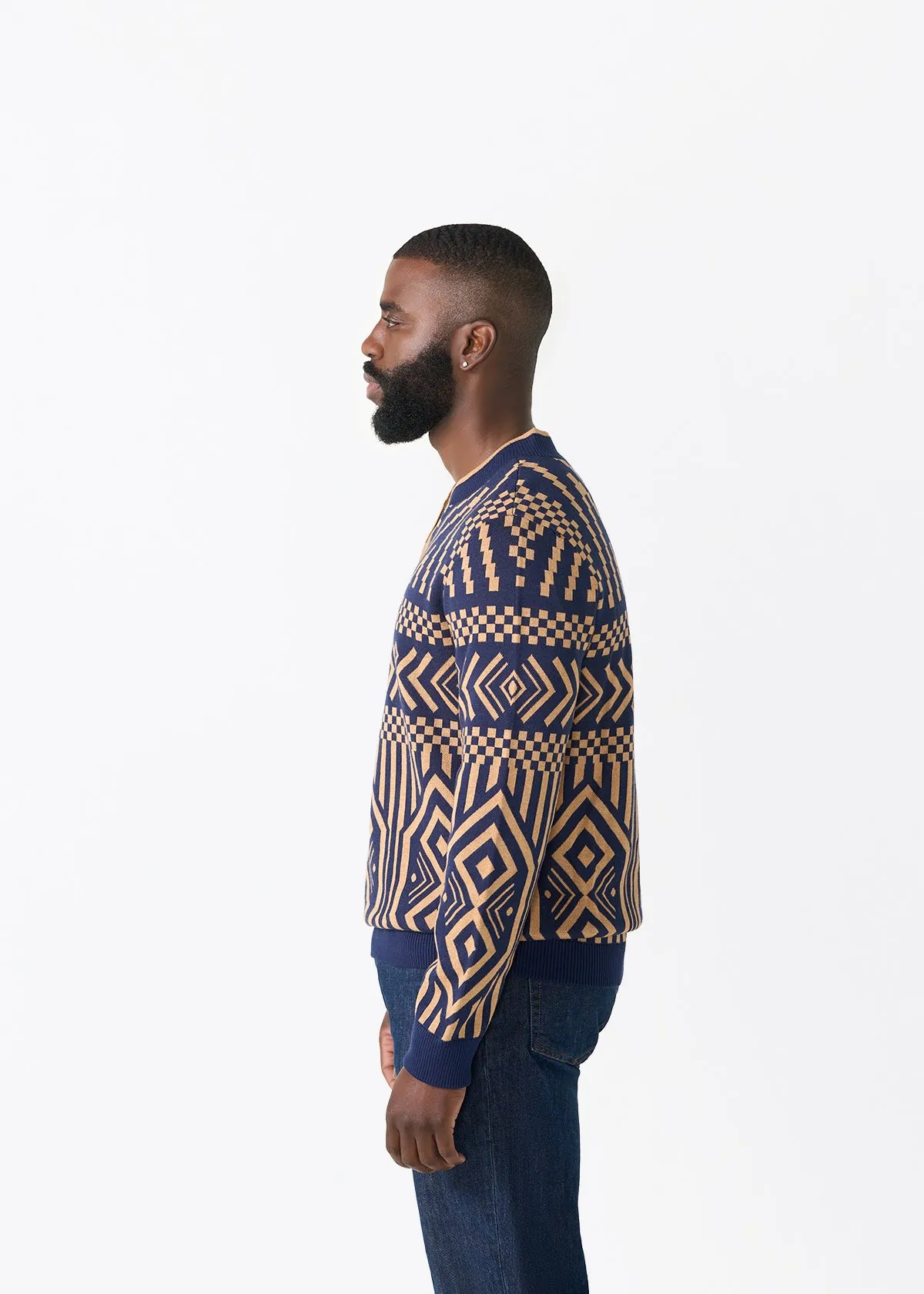 Kibo Men's African Print Quarter-Zip Sweater (Navy Tan Tribal) sold by D'iyanu product image thumbnail 5