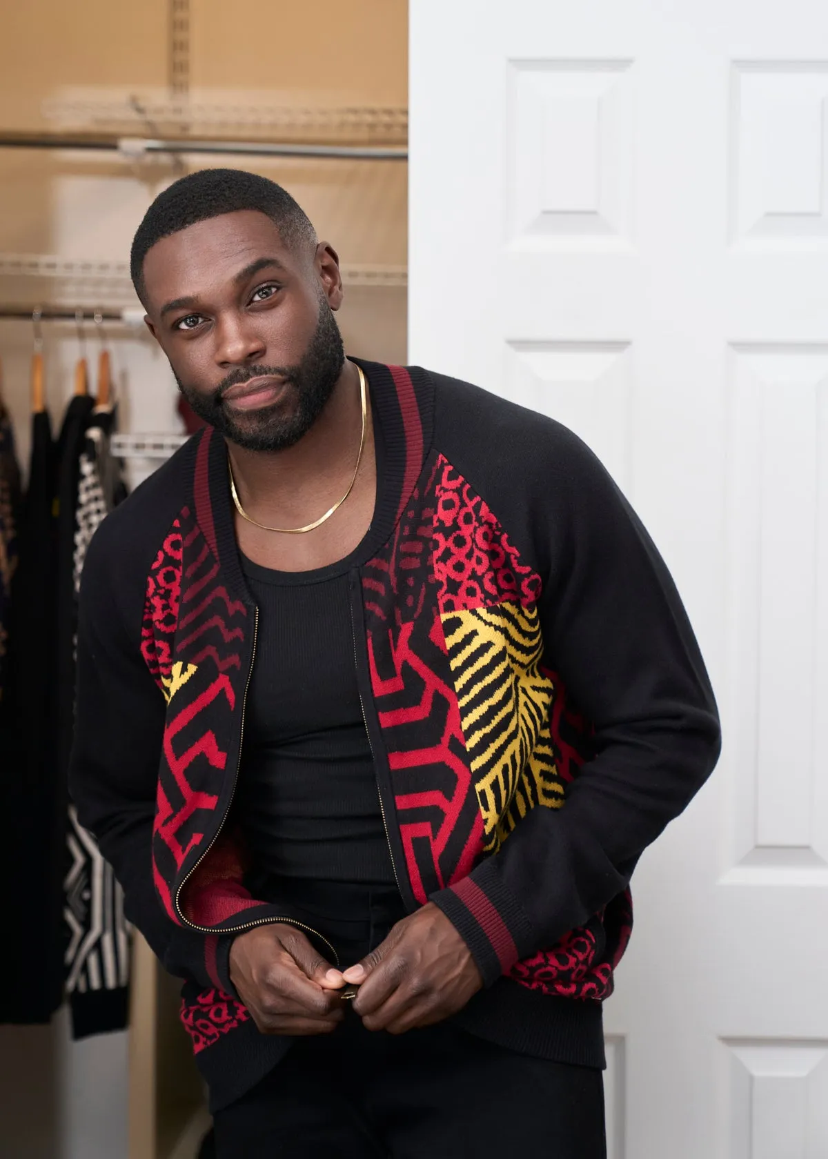 Togo Men's African Print Zip-Up Sweater (Black Cherry Multipattern) sold by D'iyanu