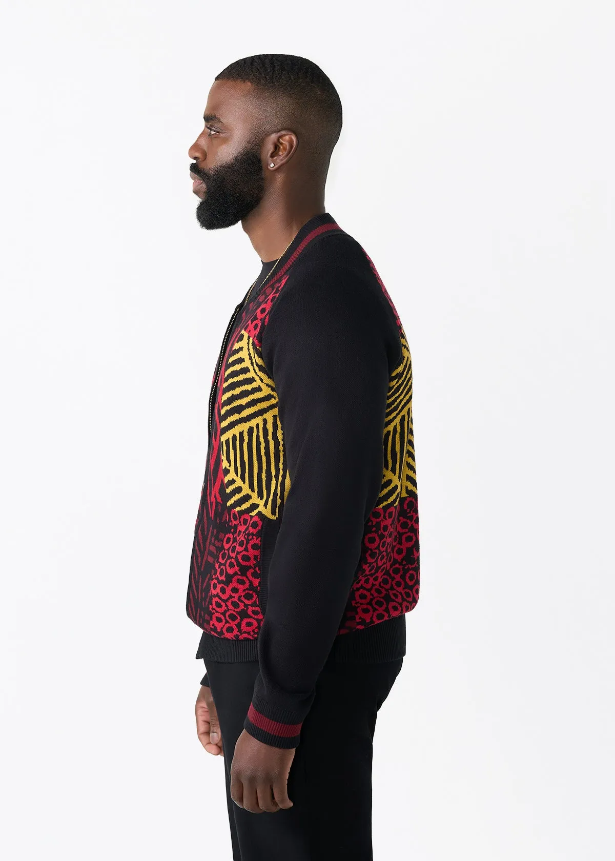 Togo Men's African Print Zip-Up Sweater (Black Cherry Multipattern) sold by D'iyanu product image thumbnail 3