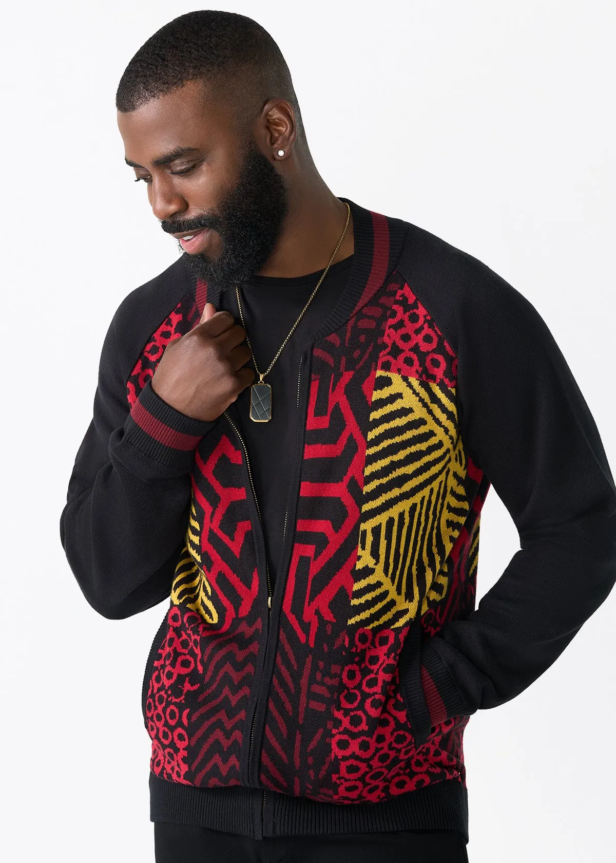 Togo Men's African Print Zip-Up Sweater (Black Cherry Multipattern) sold by D'iyanu product image thumbnail 4