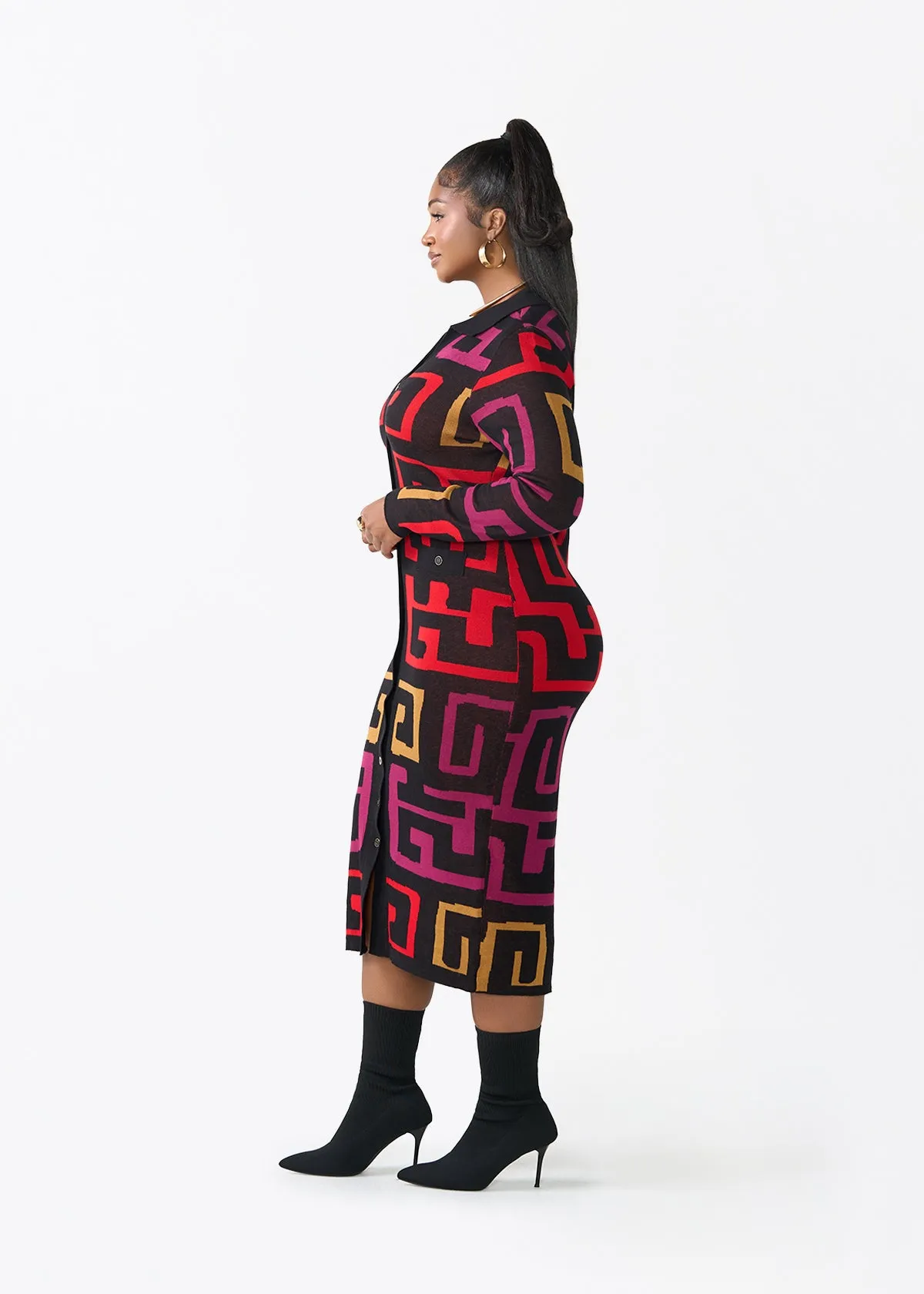 Anele Women's African Print Button-Up Sweater Dress (Black Berry Kuba) sold by D'iyanu product image thumbnail 5