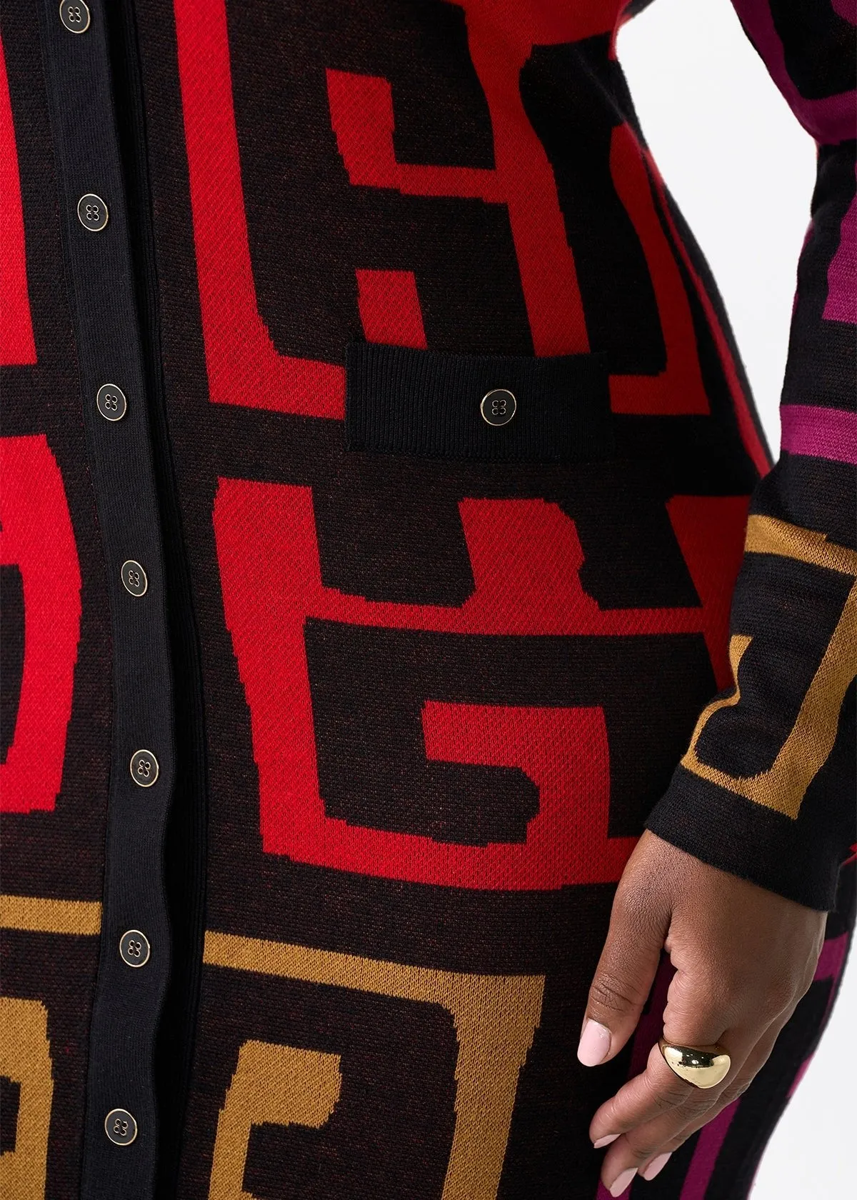 Anele Women's African Print Button-Up Sweater Dress (Black Berry Kuba) sold by D'iyanu product image thumbnail 3