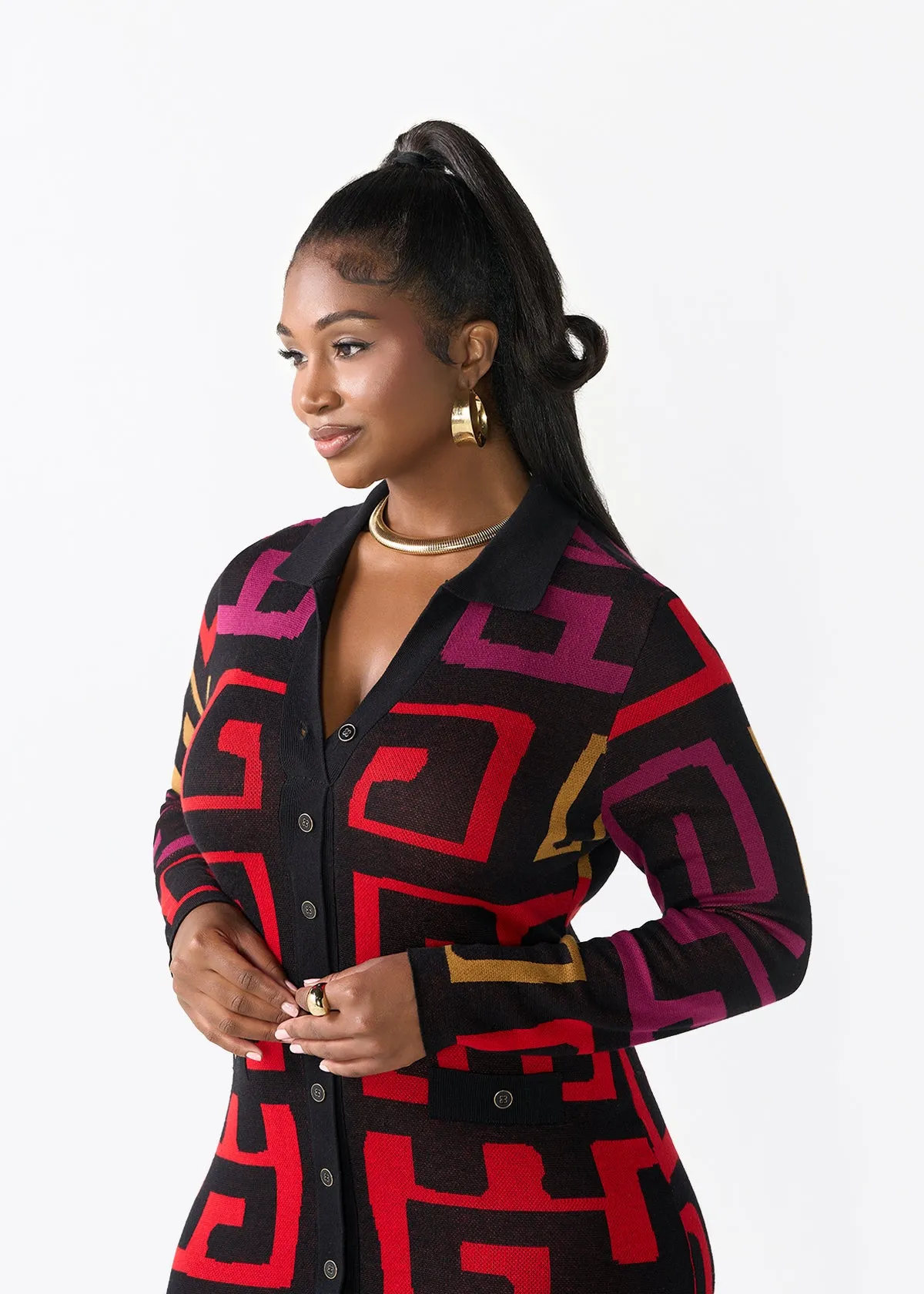 Anele Women's African Print Button-Up Sweater Dress (Black Berry Kuba) sold by D'iyanu product image thumbnail 2