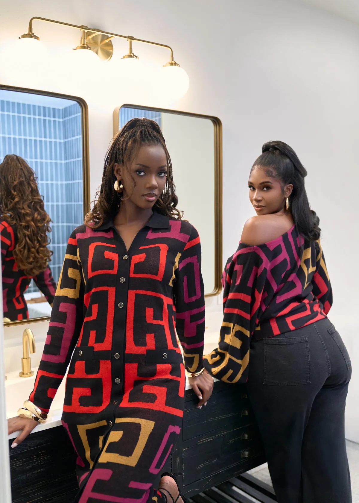 Anele Women's African Print Button-Up Sweater Dress (Black Berry Kuba) sold by D'iyanu product image thumbnail 4