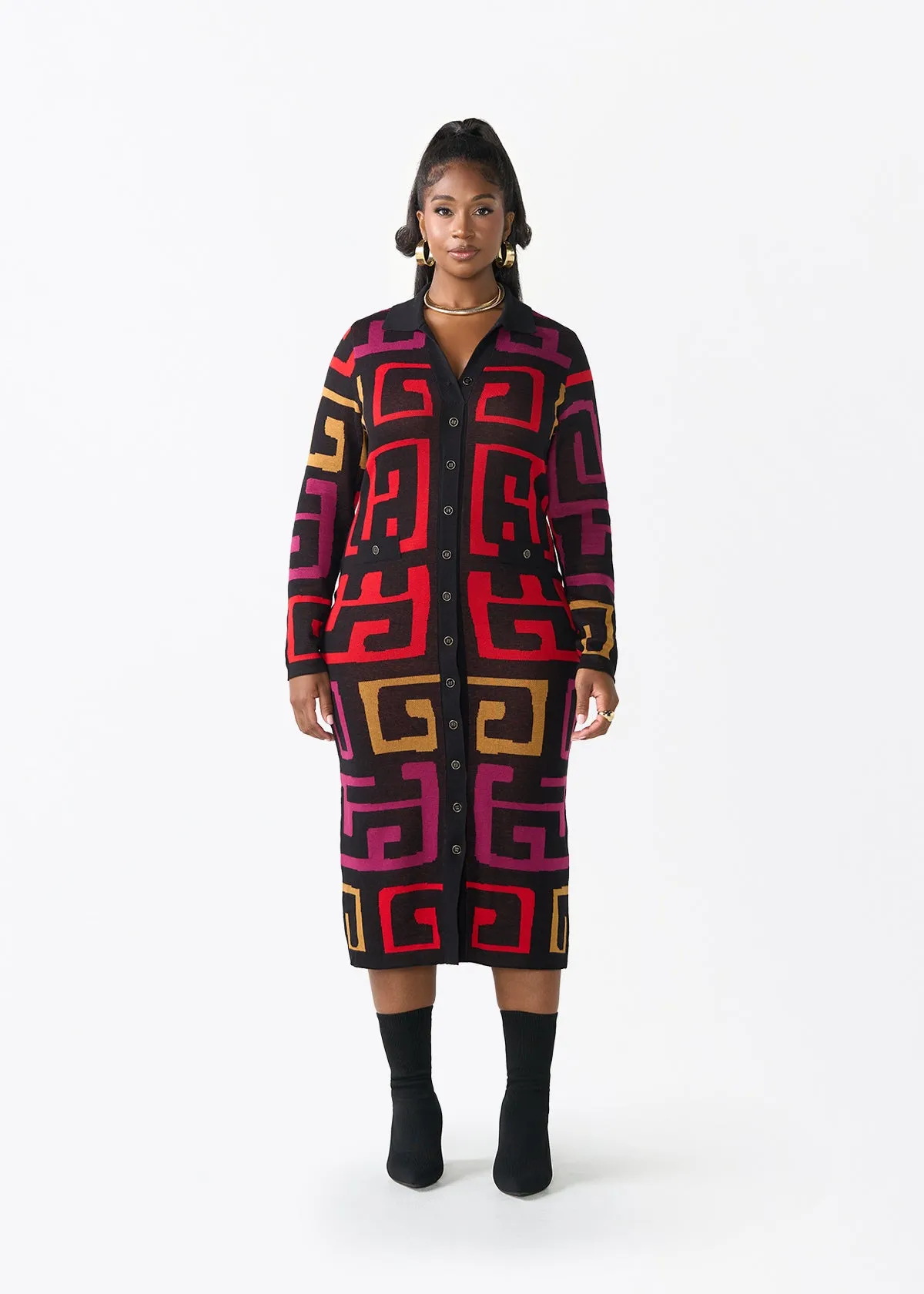 Anele Women's African Print Button-Up Sweater Dress (Black Berry Kuba) sold by D'iyanu