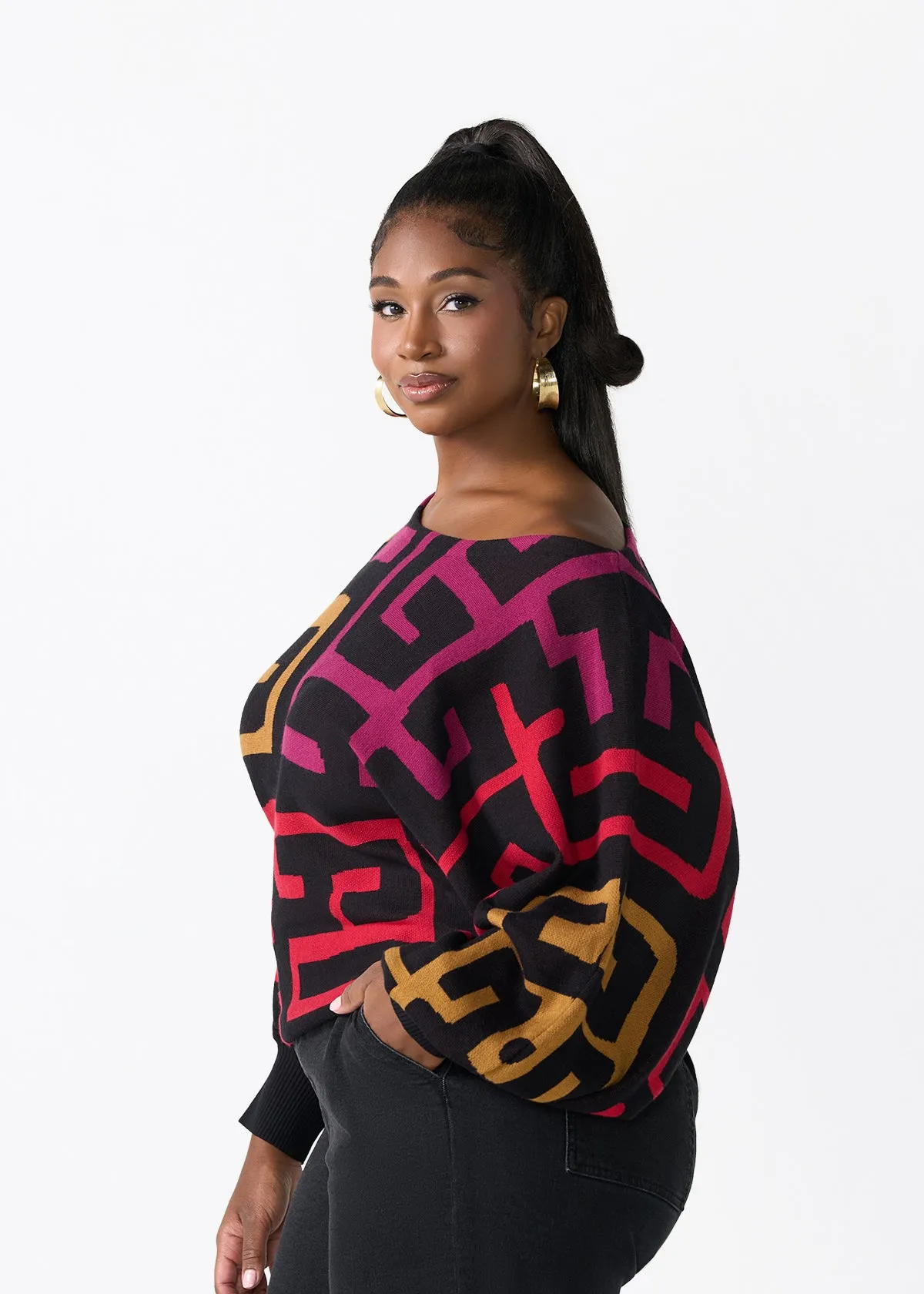 Nafeesa Women's African Print Cropped Sweater (Black Berry Kuba) sold by D'iyanu product image thumbnail 3