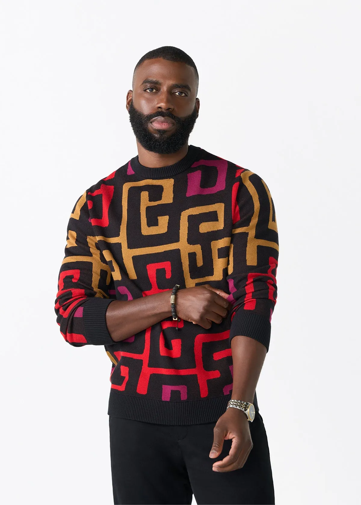 Asaye Men's African Print Crew Neck Sweater (Black Berry Kuba) sold by D'iyanu
