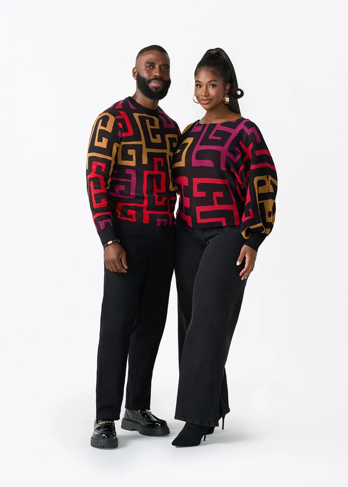 Asaye Men's African Print Crew Neck Sweater (Black Berry Kuba) sold by D'iyanu product image thumbnail 5