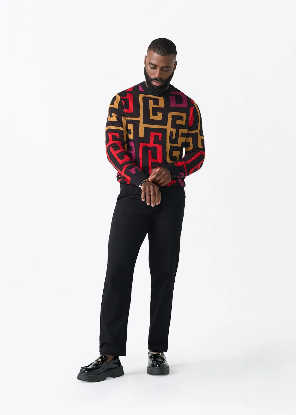 Asaye Men's African Print Crew Neck Sweater (Black Berry Kuba) sold by D'iyanu product image thumbnail 3