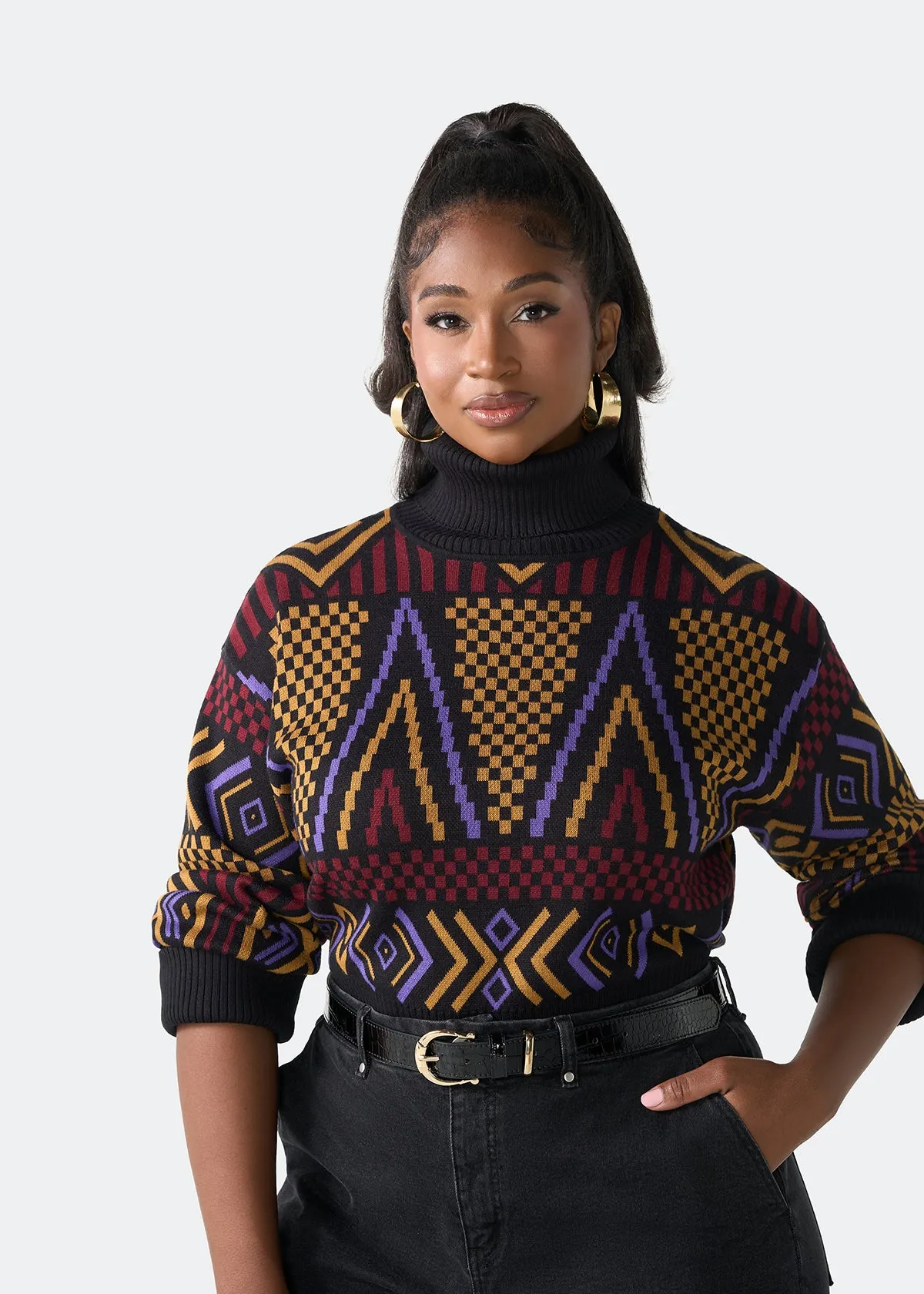 Noma Women's African Print Cropped Turtleneck Sweater (Black Burgundy Tribal) sold by D'iyanu product image thumbnail 4