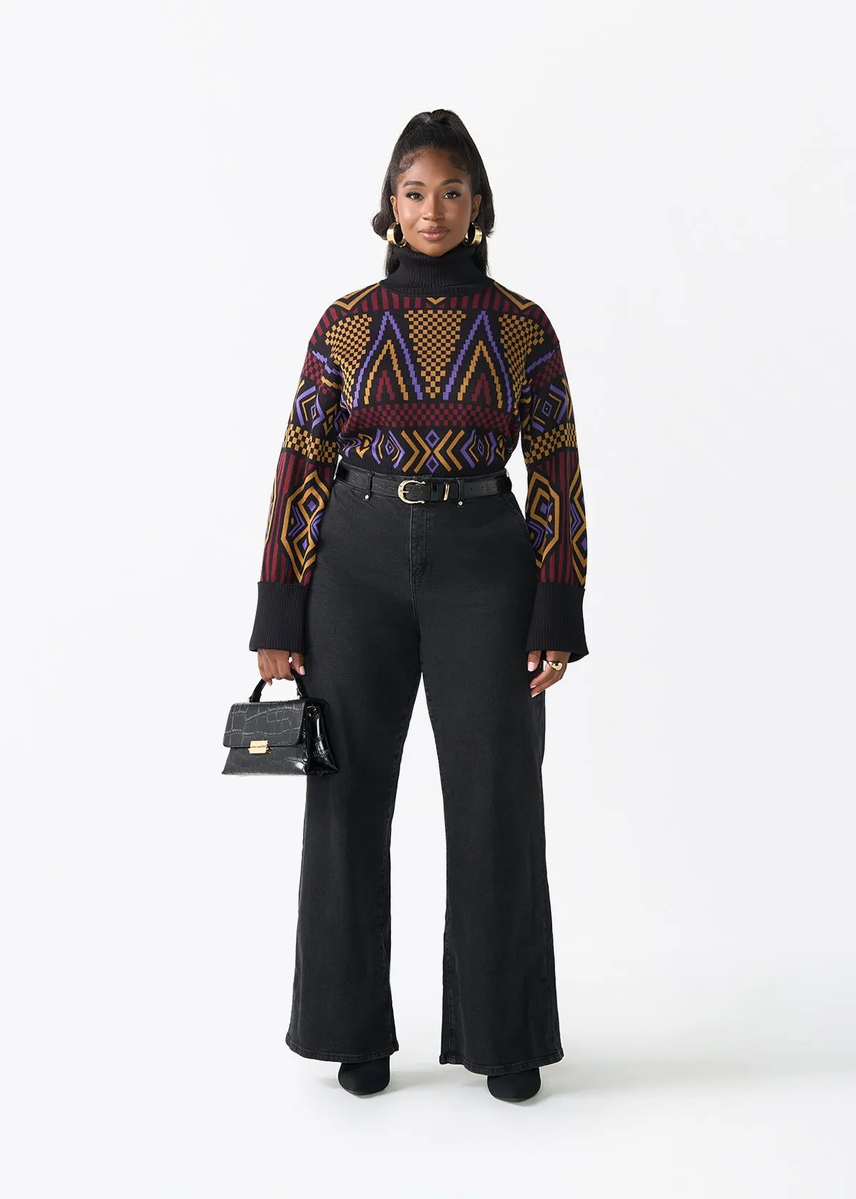 Noma Women's African Print Cropped Turtleneck Sweater (Black Burgundy Tribal) sold by D'iyanu product image thumbnail 2
