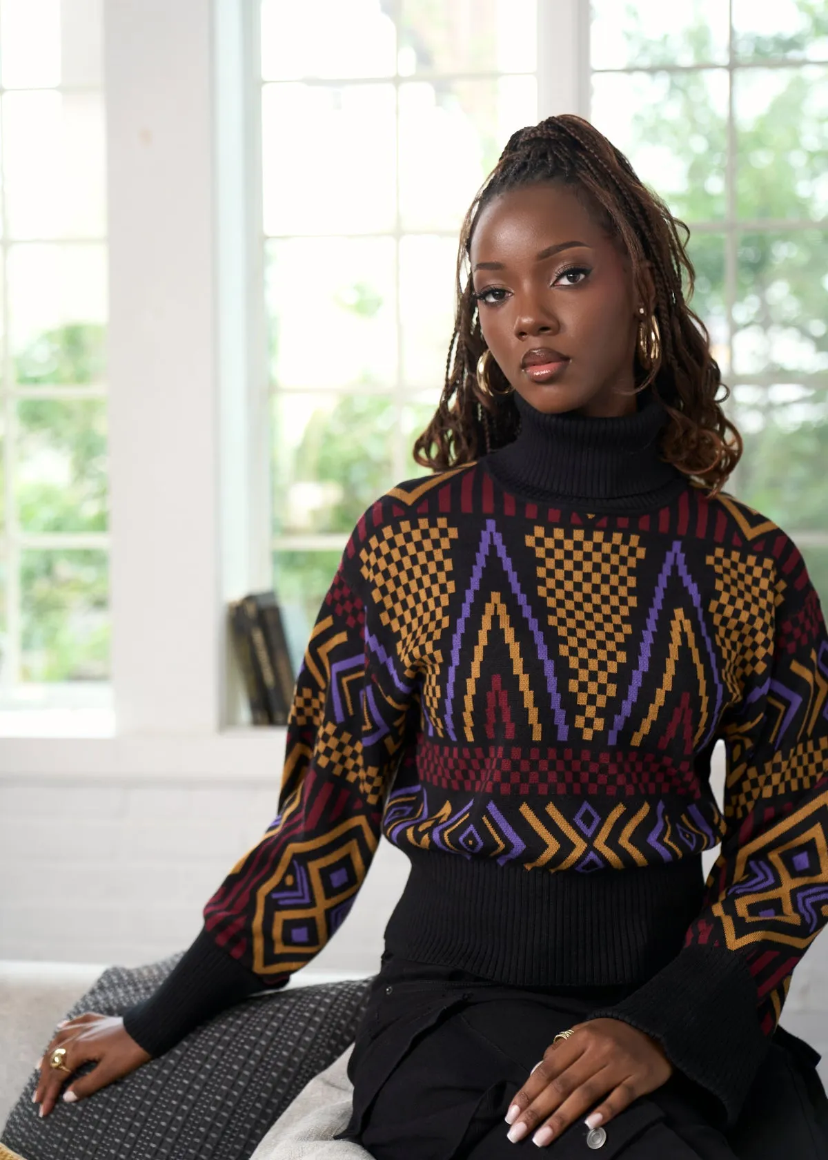 Noma Women's African Print Cropped Turtleneck Sweater (Black Burgundy Tribal) sold by D'iyanu