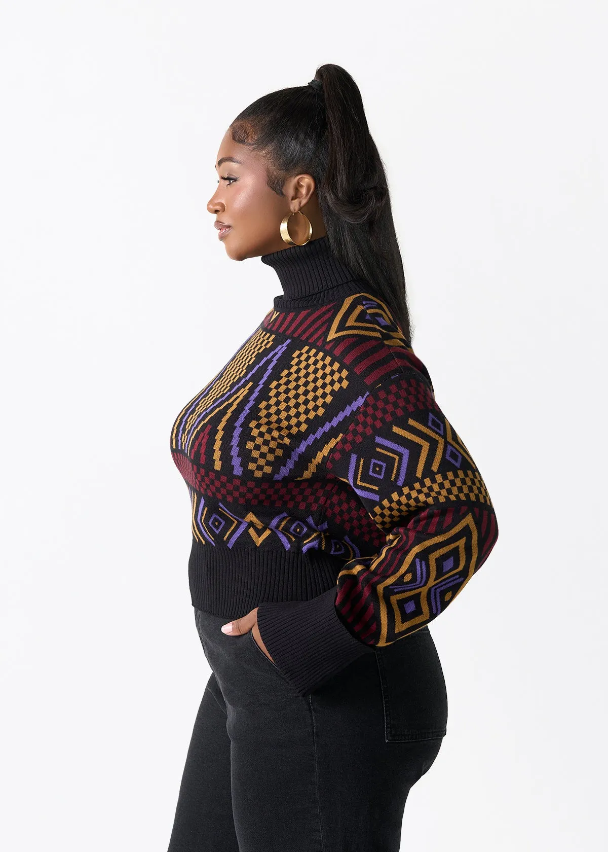Noma Women's African Print Cropped Turtleneck Sweater (Black Burgundy Tribal) sold by D'iyanu product image thumbnail 3