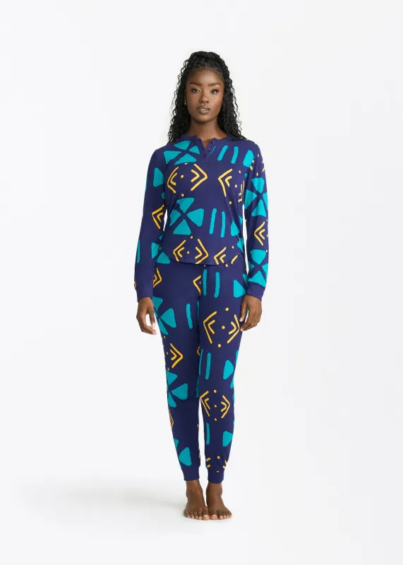 Tella Women's African Print Pajama Set (Navy Gold Mudcloth) sold by D'iyanu