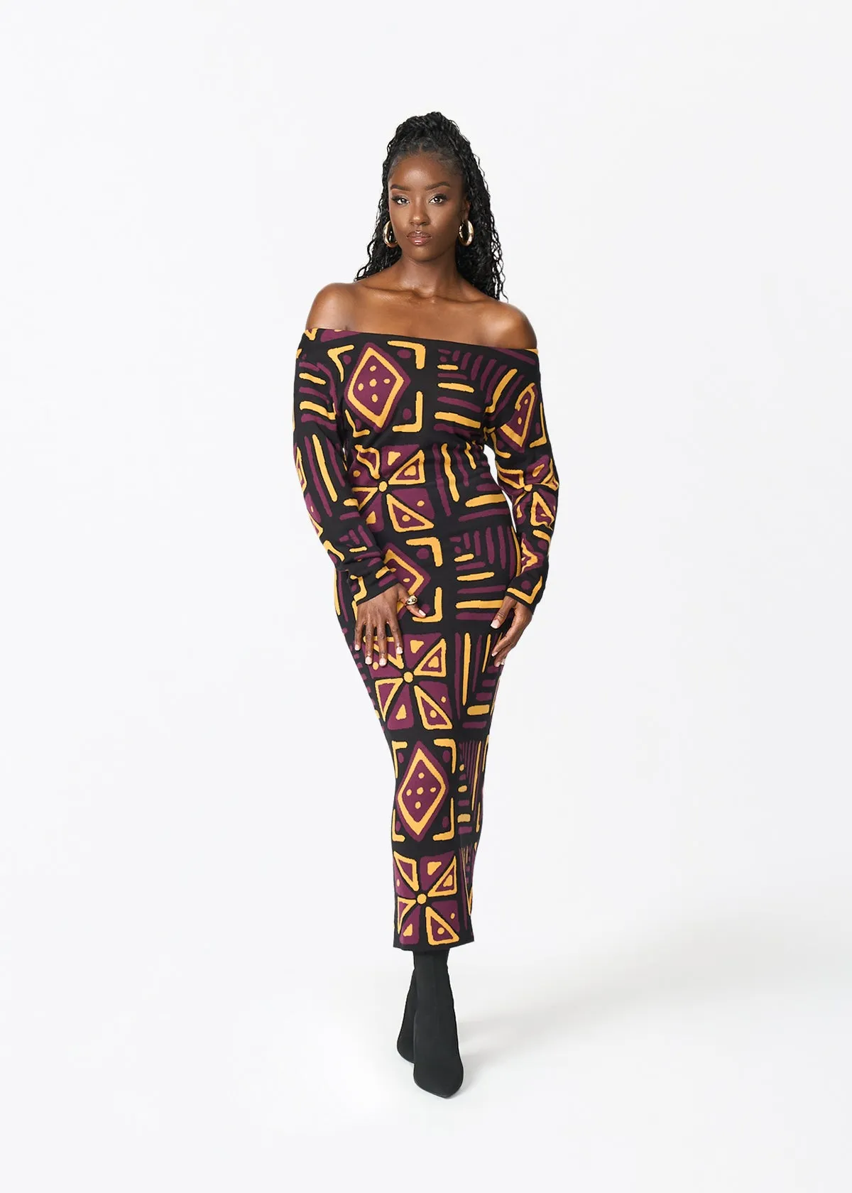 Ladi Women's African Print Sweater Dress (Plum Black Tribal) sold by D'iyanu product image thumbnail 4