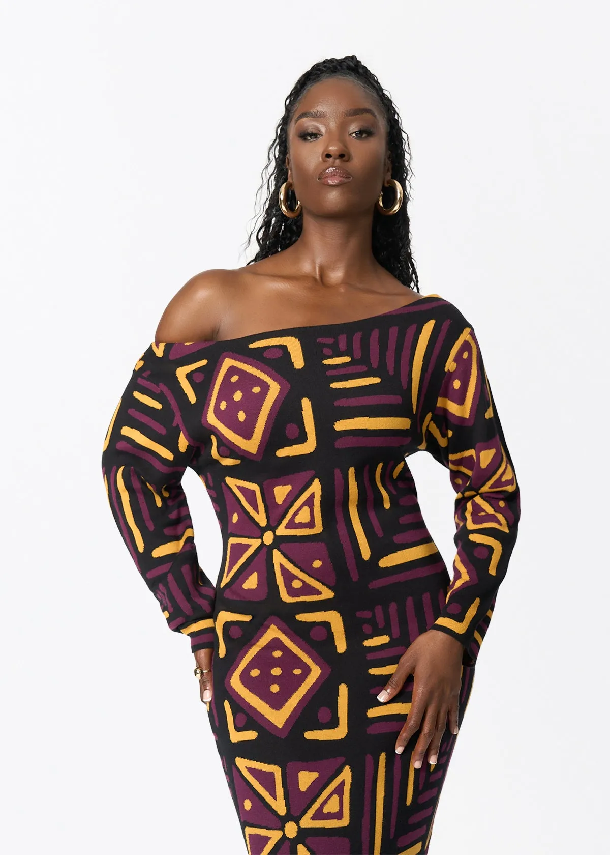Ladi Women's African Print Sweater Dress (Plum Black Tribal) sold by D'iyanu product image thumbnail 2