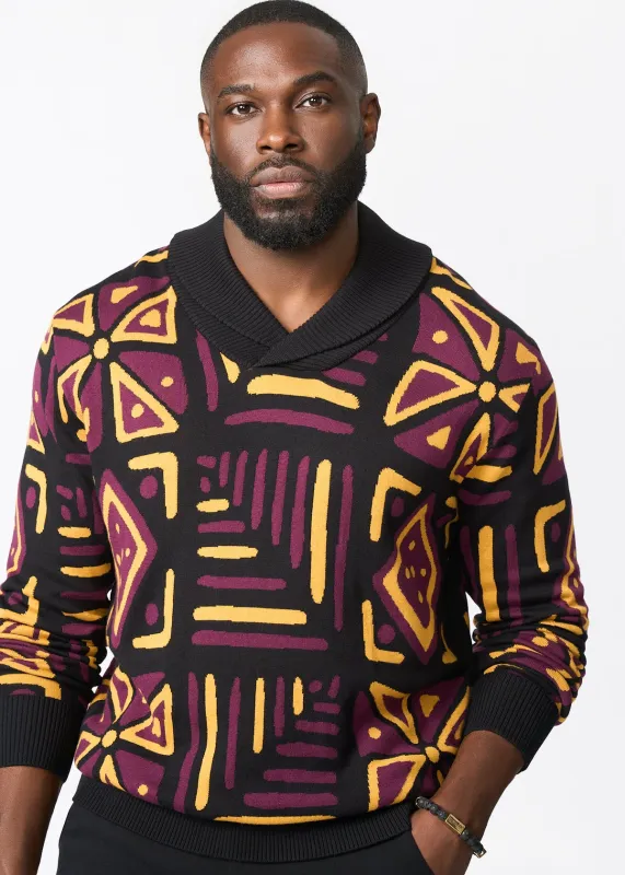 Iferan Men's African Print Sweater (Plum Black Tribal) - Clearance made by D'iyanu