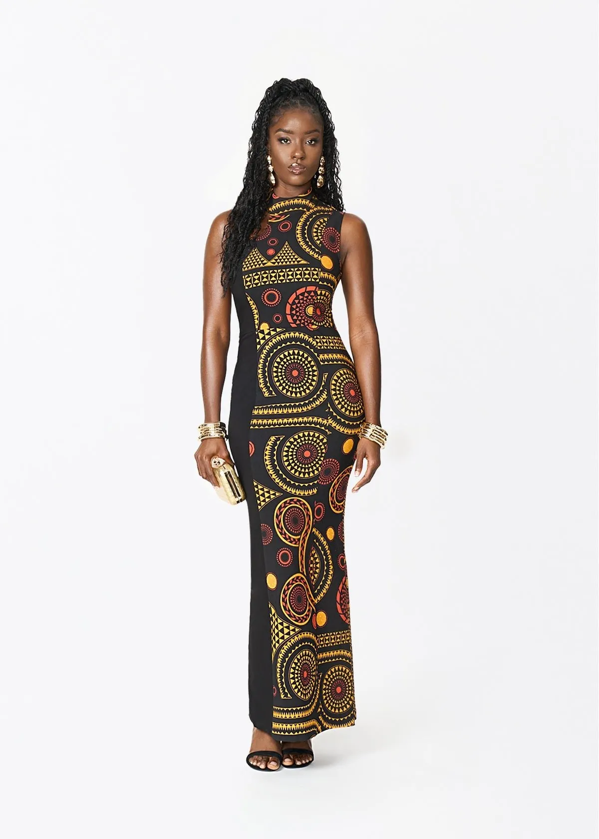 Jalia African Print Stretch Gown (Black Spice Medallion) sold by D'iyanu