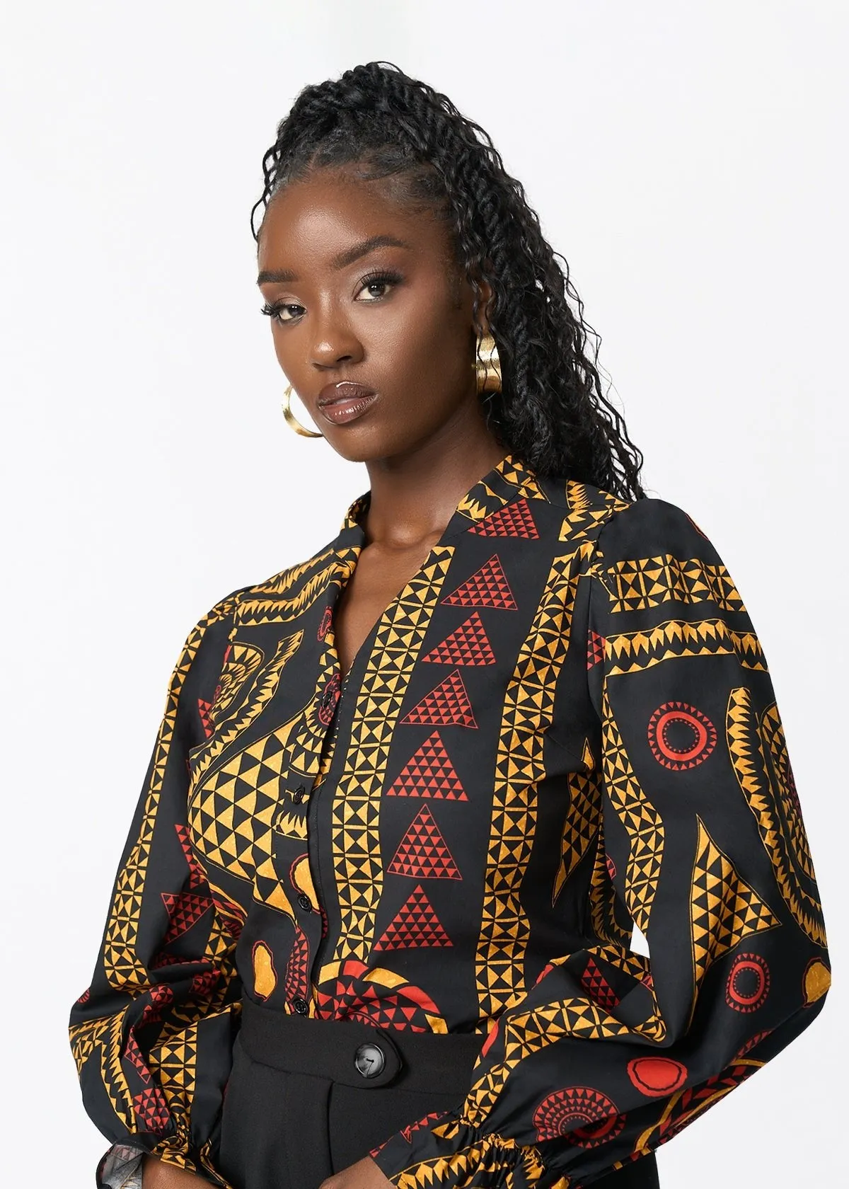 Jahzara Women's African Print Blouse (Black Spice Medallion) sold by D'iyanu