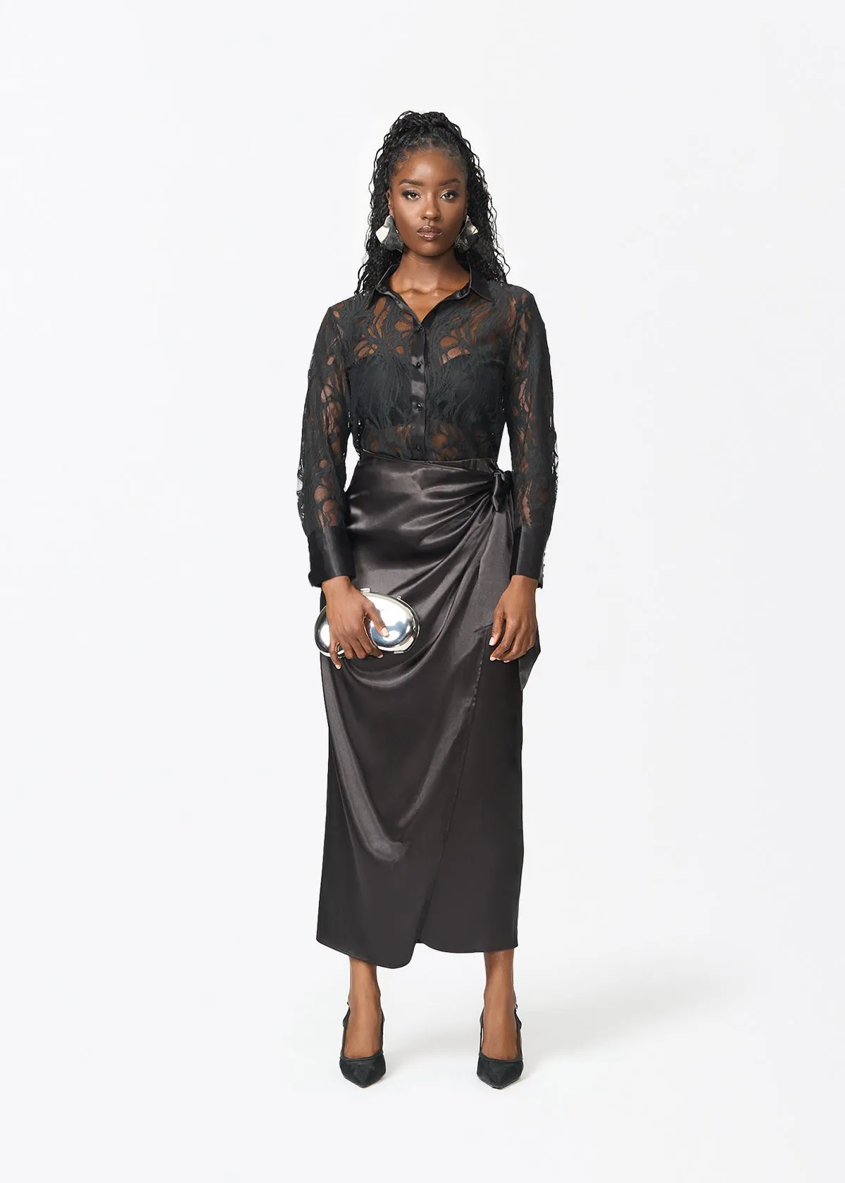 Zaya Women's Stretch Satin Faux Wrap Skirt (Black) sold by D'iyanu product image thumbnail 2