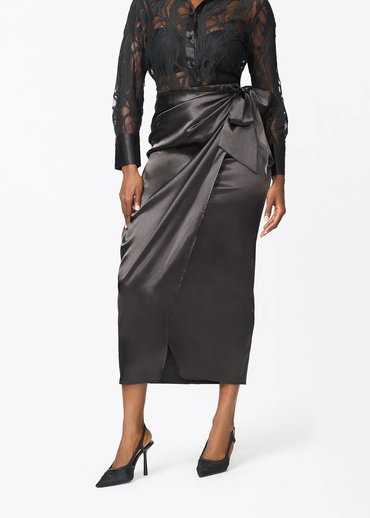 Zaya Women's Stretch Satin Faux Wrap Skirt (Black) sold by D'iyanu