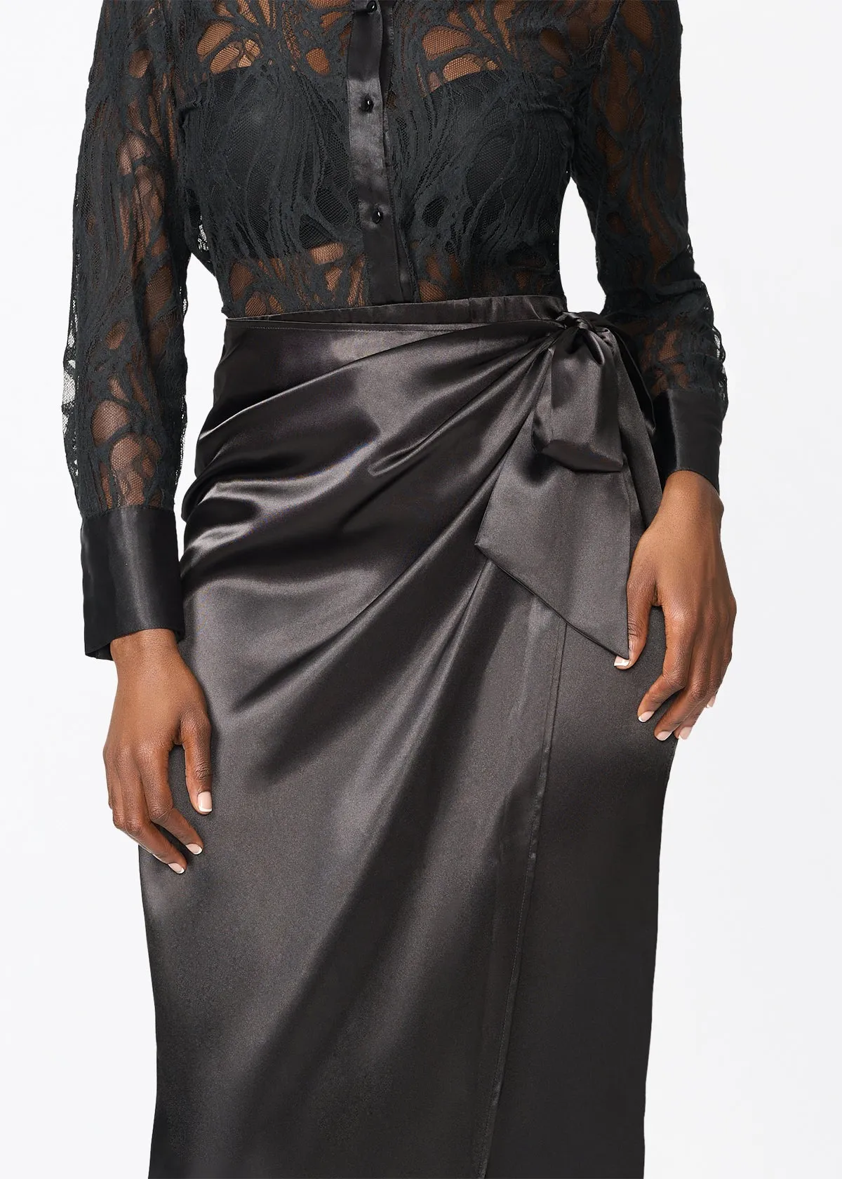 Zaya Women's Stretch Satin Faux Wrap Skirt (Black) sold by D'iyanu product image thumbnail 4