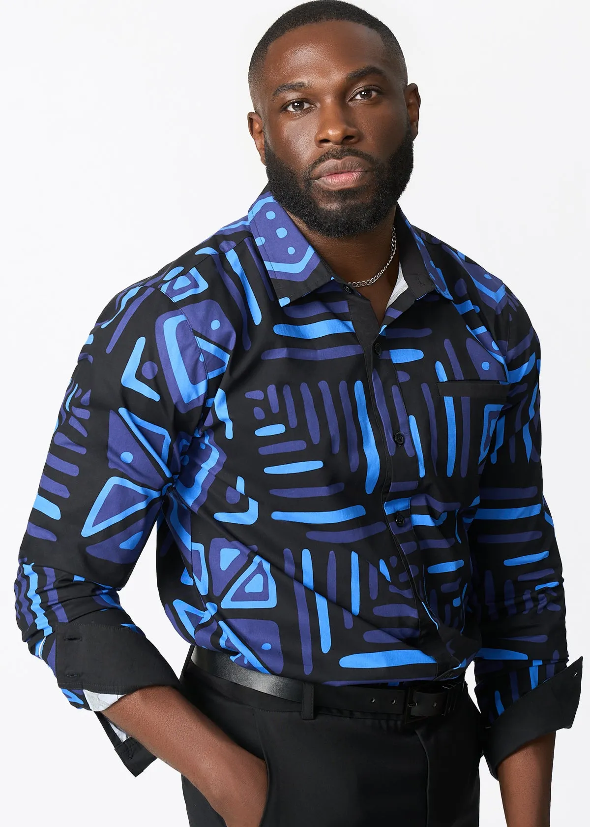Mazi Men's African Print Button-up Shirt (Black Sapphire Tribal) sold by D'iyanu
