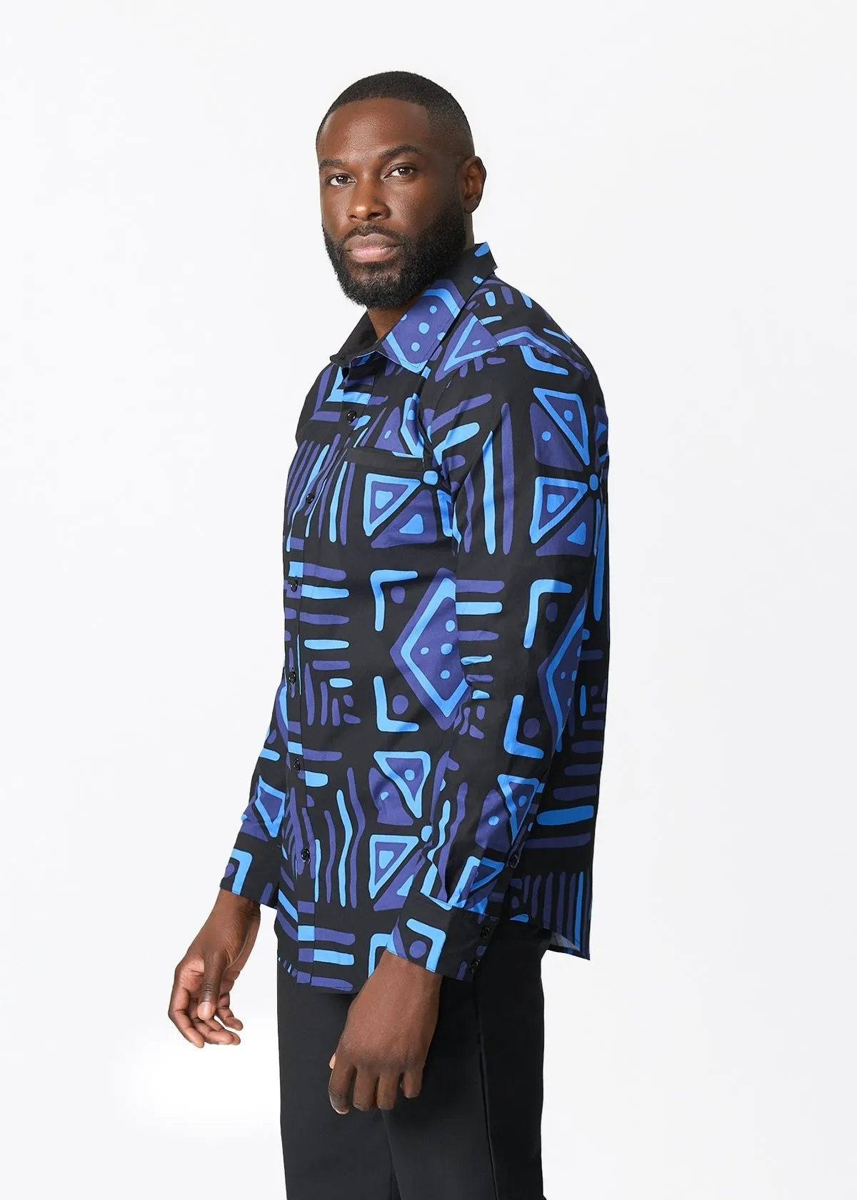 Mazi Men's African Print Button-up Shirt (Black Sapphire Tribal) sold by D'iyanu product image thumbnail 3