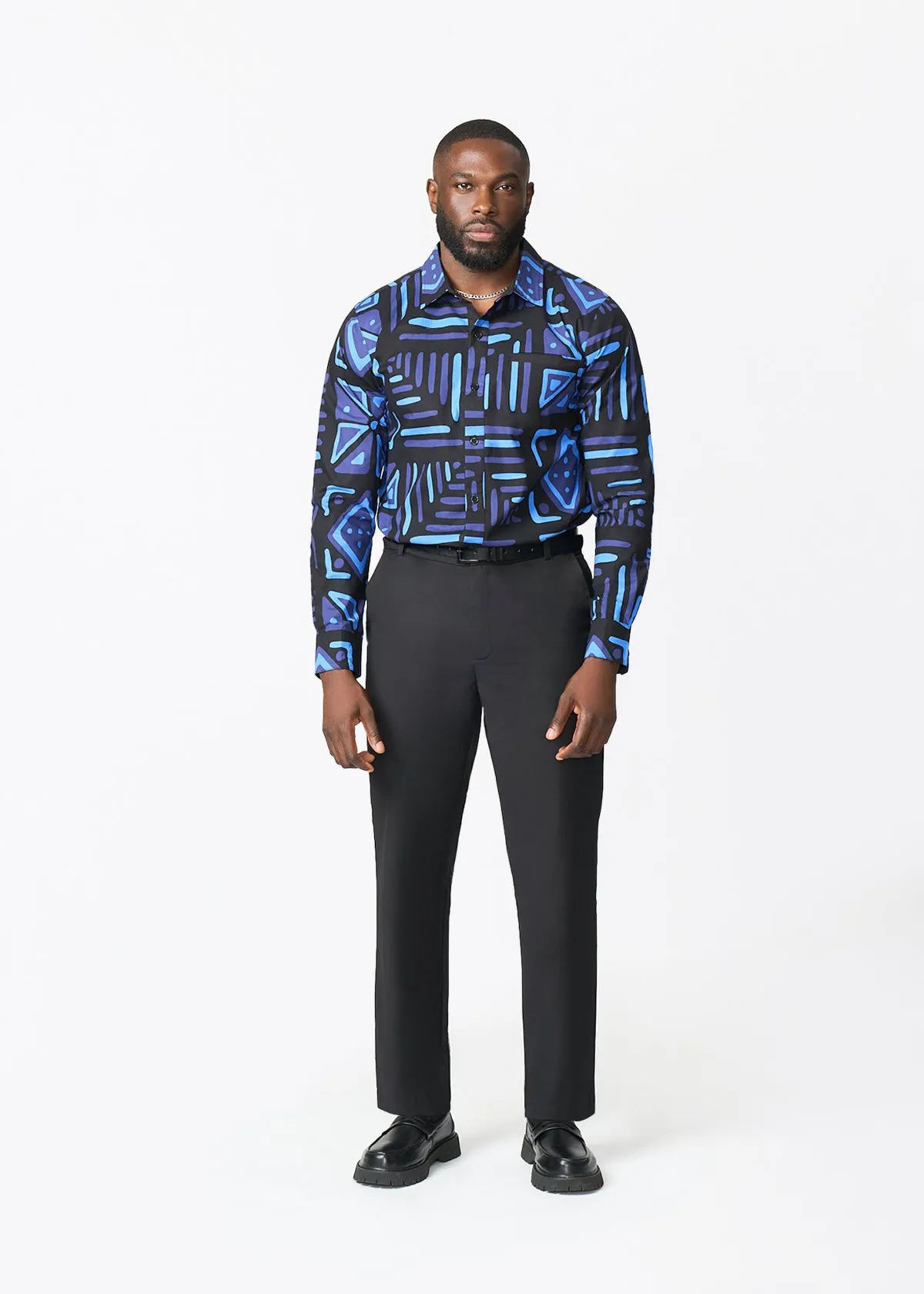 Mazi Men's African Print Button-up Shirt (Black Sapphire Tribal) sold by D'iyanu product image thumbnail 2